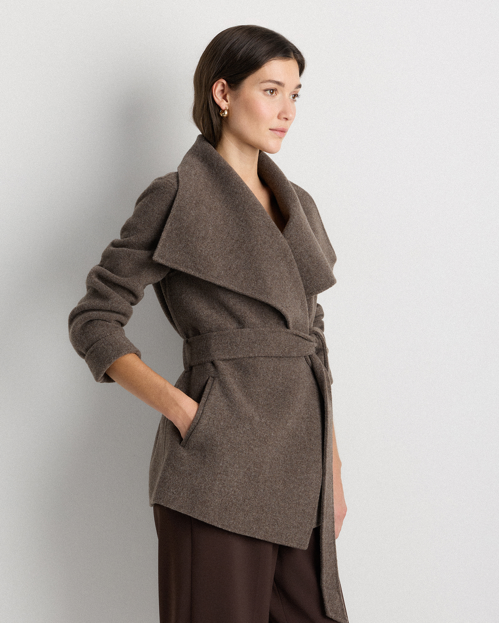 Double-Faced Merino Wool Draped Collar Short Wrap Coat in Cocoa