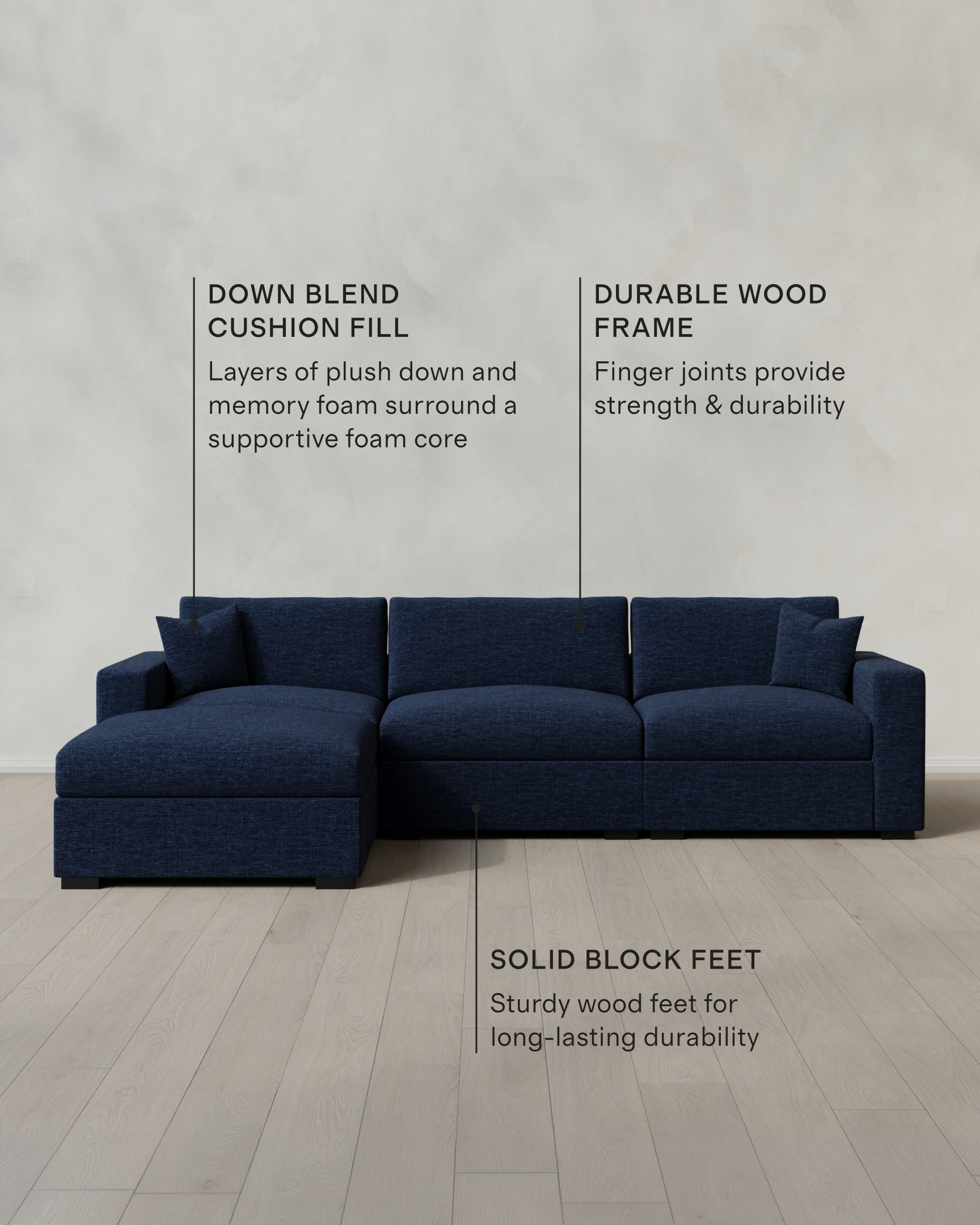 Oasis 4-Piece Chaise Sectional in Performance Chenille-Linen Blend in Ink