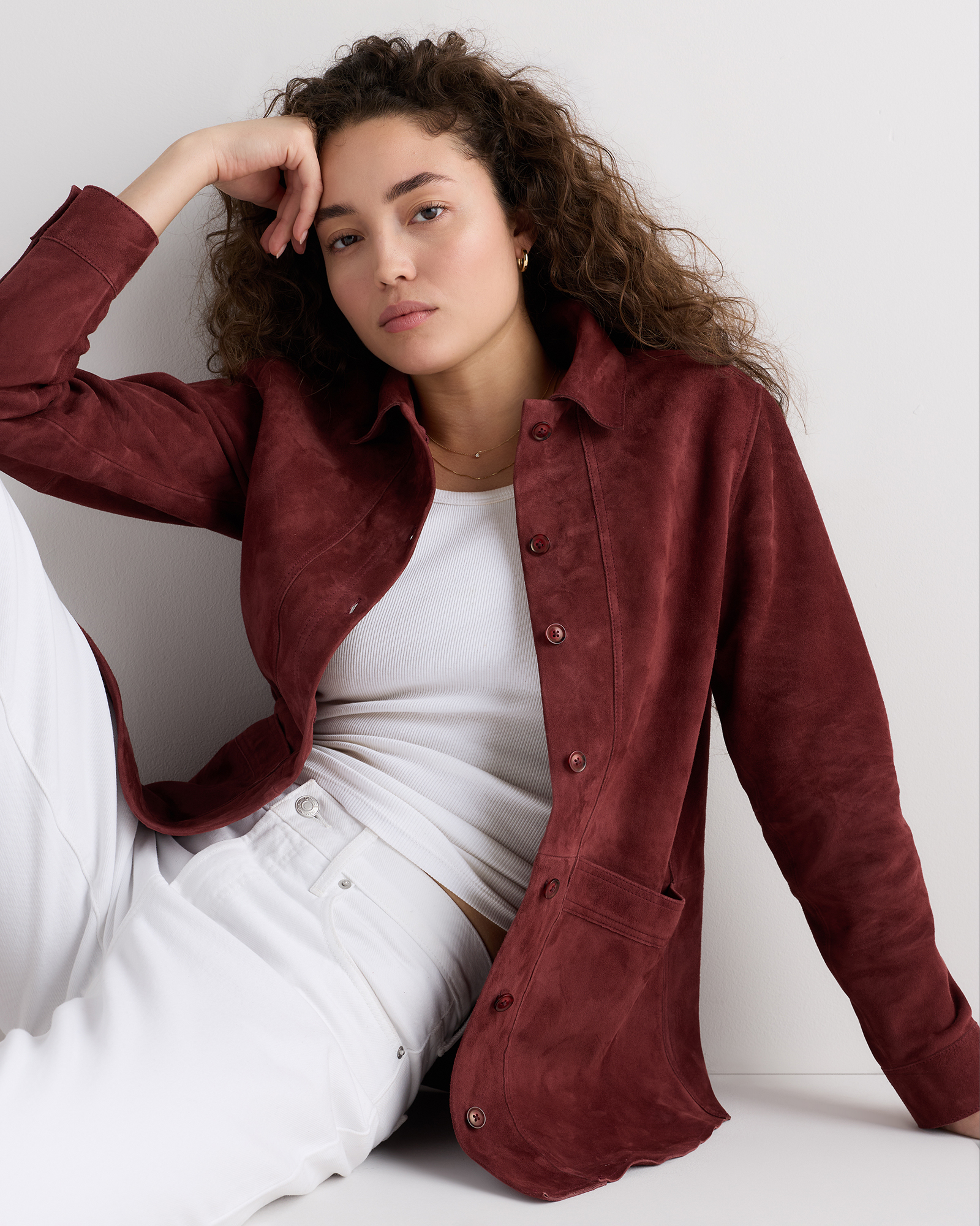 100% Suede Chore Jacket in Cassis Red
