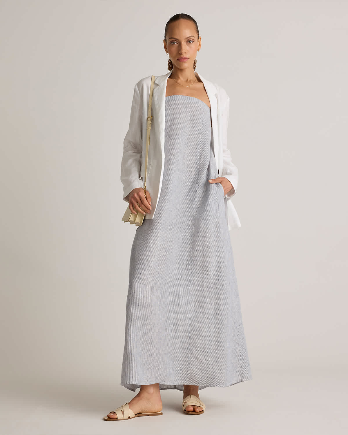 Women's 100% European Linen Strapless Maxi Dress in Blue Pinstripe, Size Small by Quince Women's 100% European Linen Strapless Maxi Dress in Blue Pinstripe, Size Small by Quince
