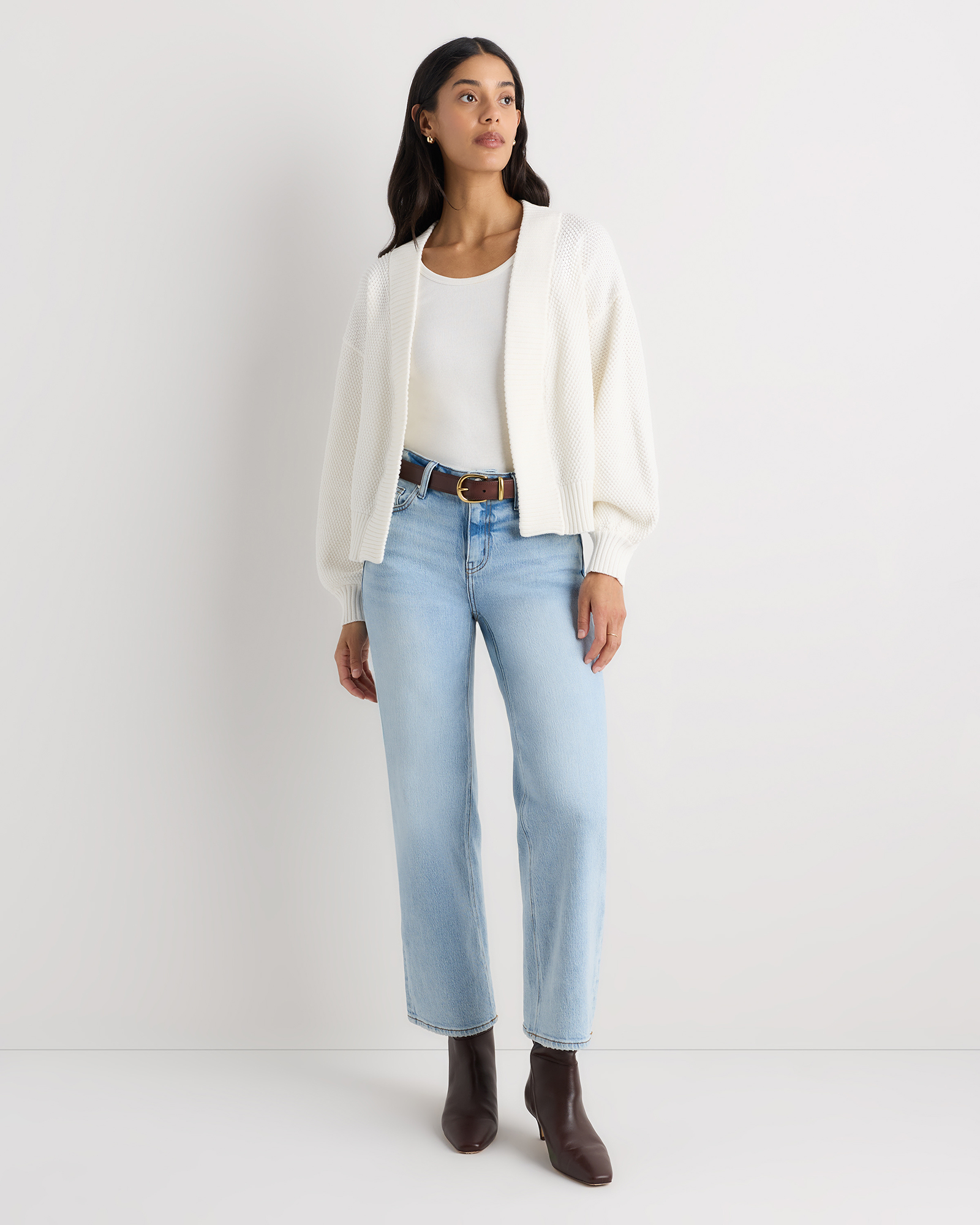 100% Organic Cotton Waffle Stitch Open Cardigan in Ivory