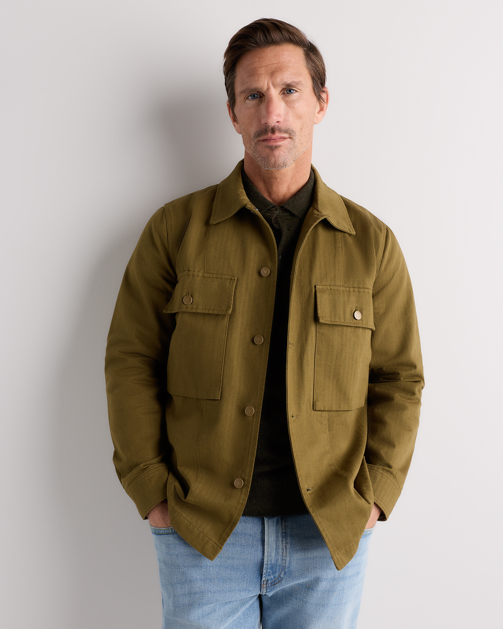 Military Olive 100% Organic Herringbone Twill Shirt Jacket