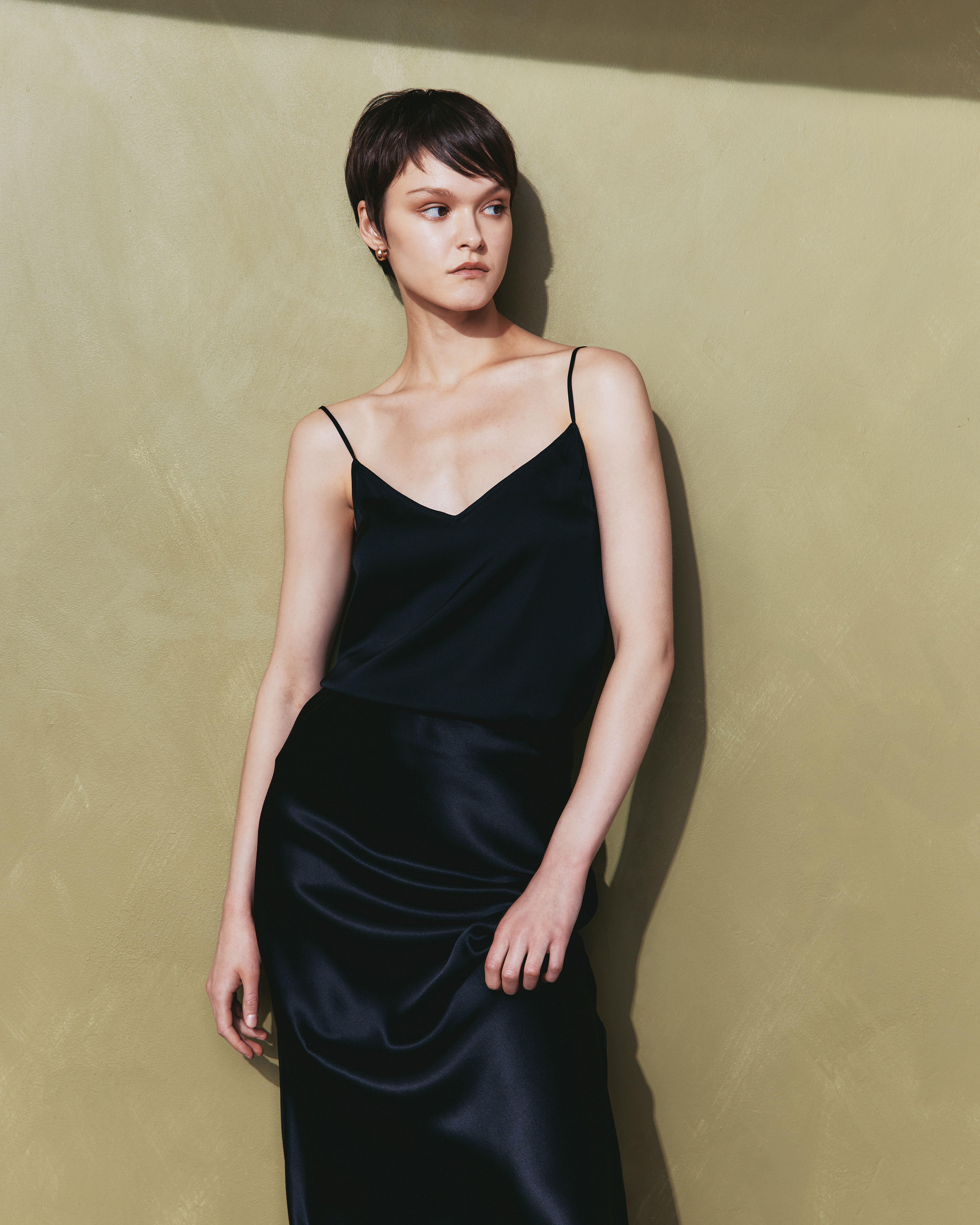 Black Washable Stretch Silk V-Neck Cami