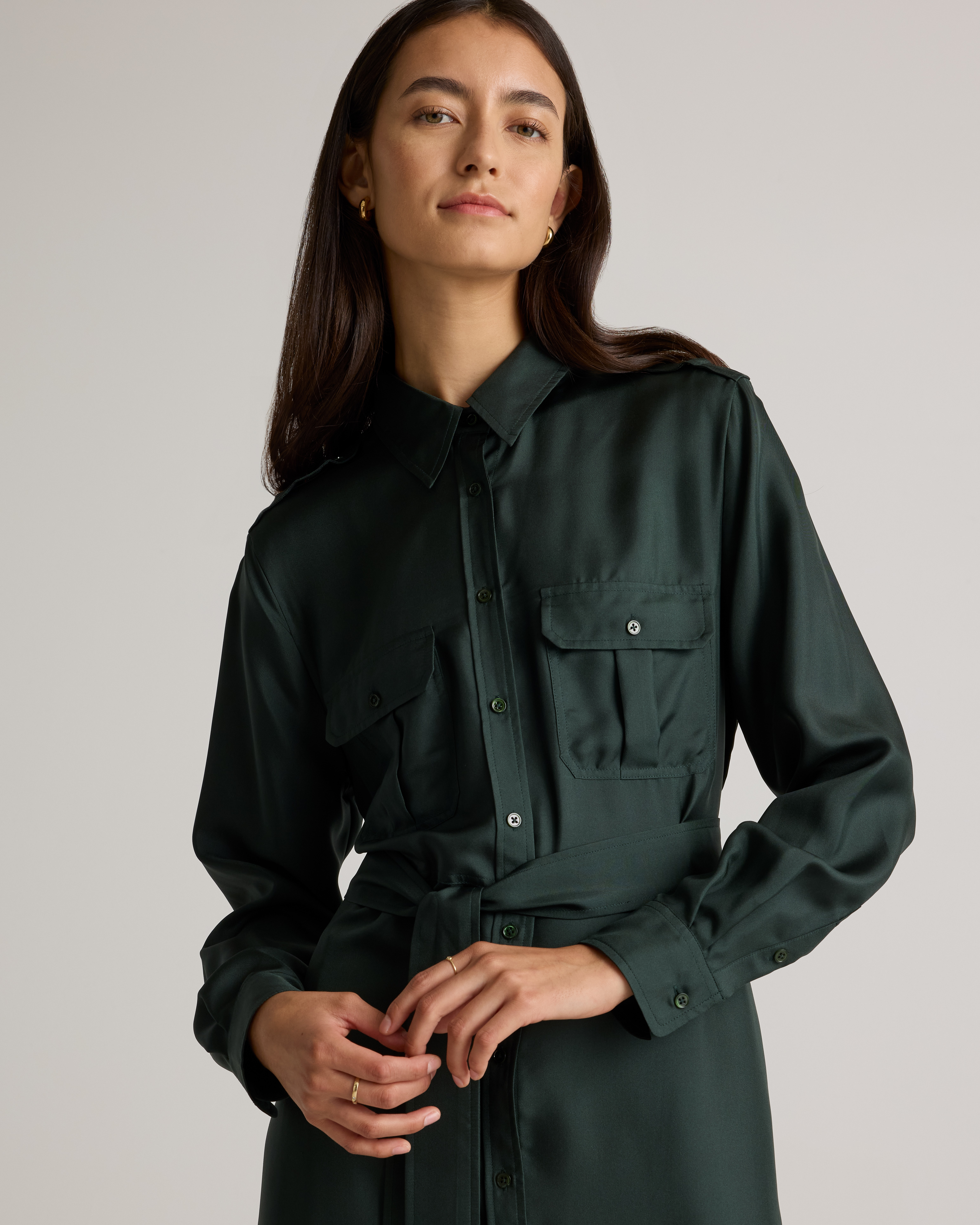 100% Silk Twill Utility Shirt Dress in Forest Green