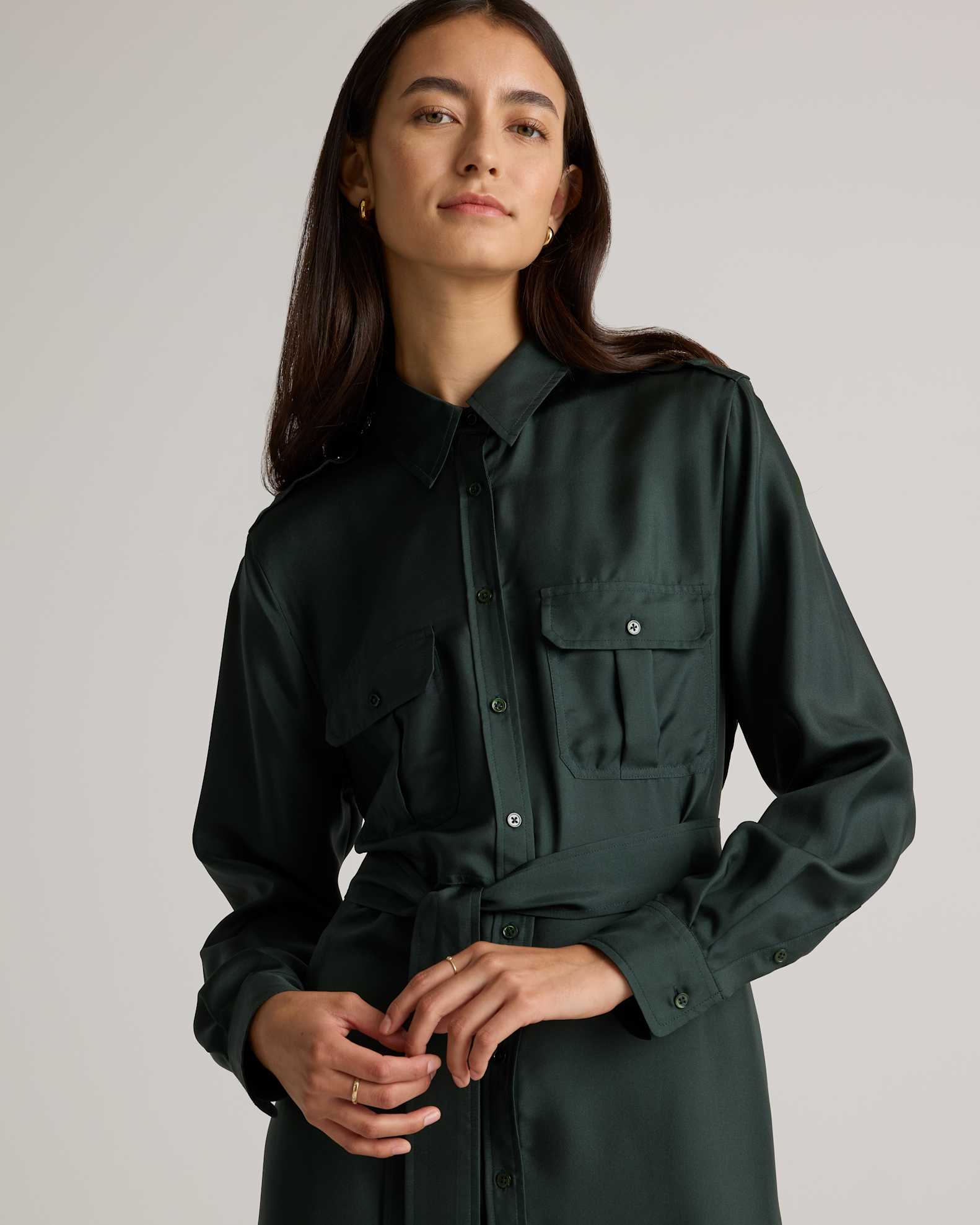 100% Silk Twill Utility Shirt Dress in Forest Green 100% Silk Twill Utility Shirt Dress in Forest Green