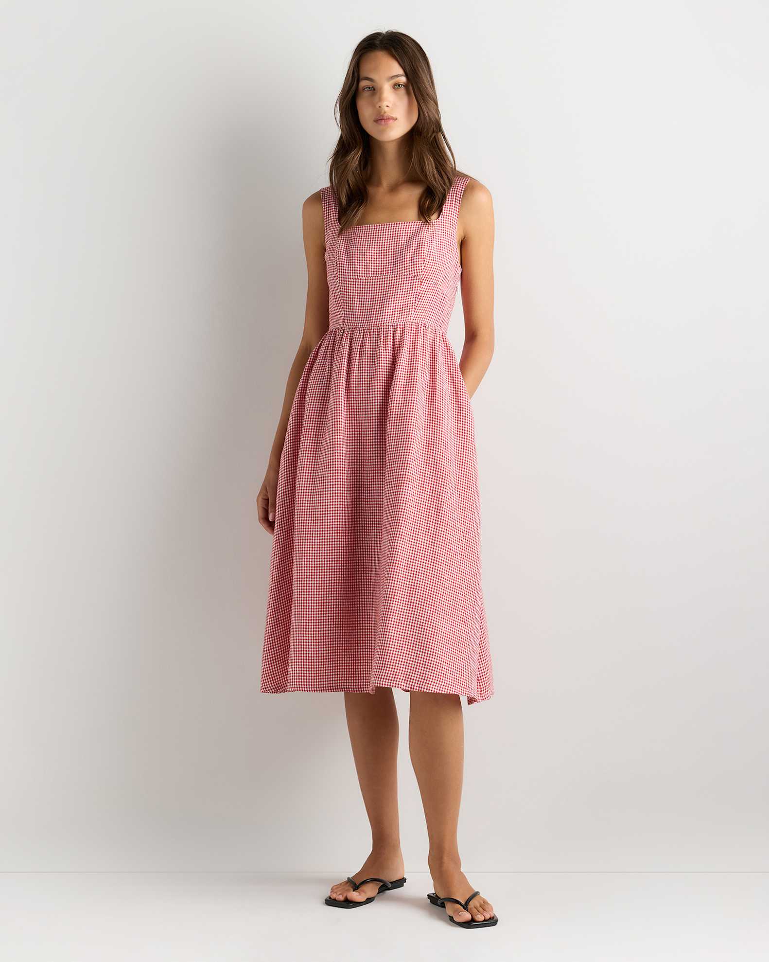 100% European Linen Fit & Flare Midi Dress in Red Classic Mini Gingham 100% European Linen Fit & Flare Midi Dress in Red Classic Mini Gingham