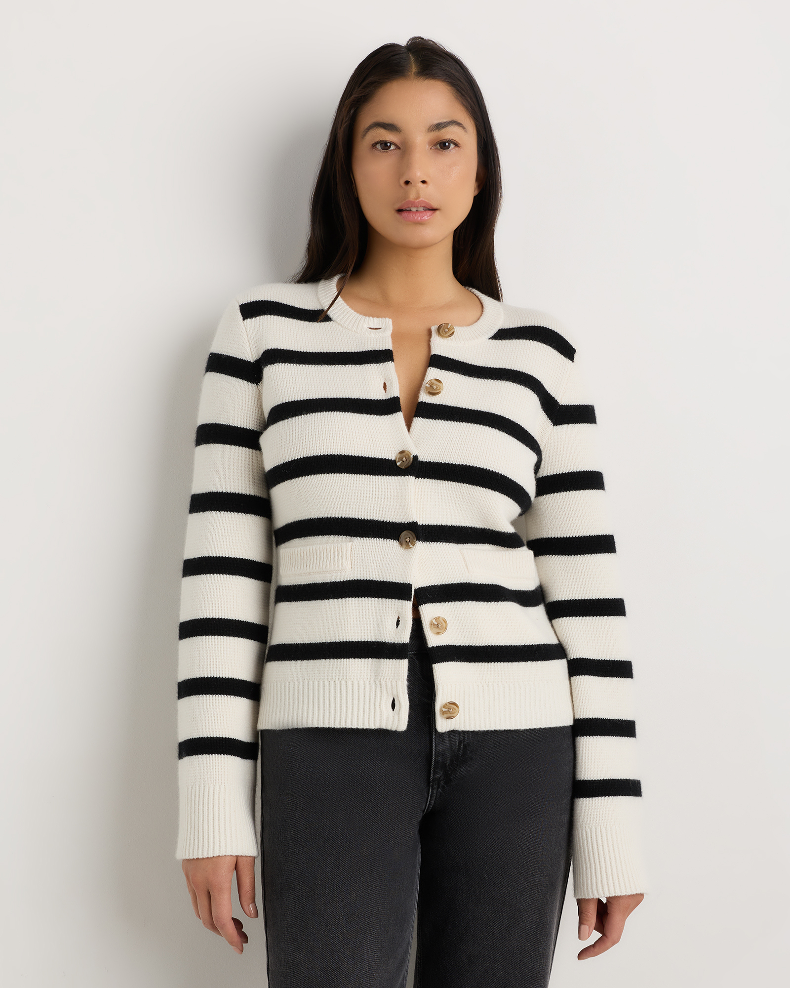 Ivory/Black Stripe Mongolian Cashmere Structured Cardigan