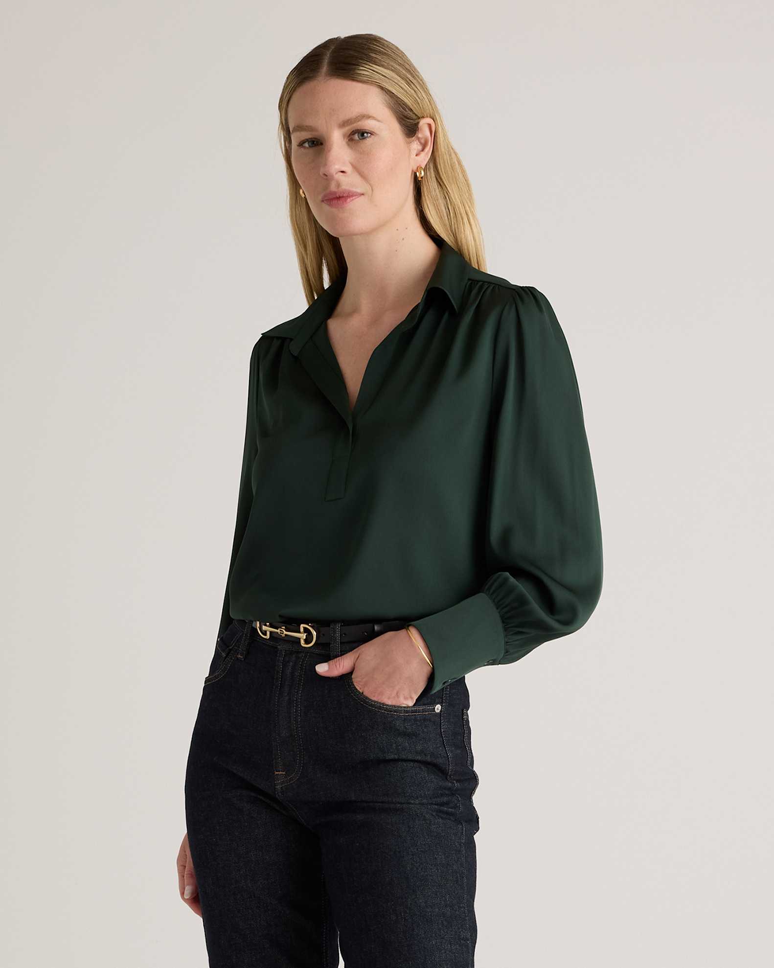 green dress blouse women Emerald Green Split-Neck Short Sleeve Top