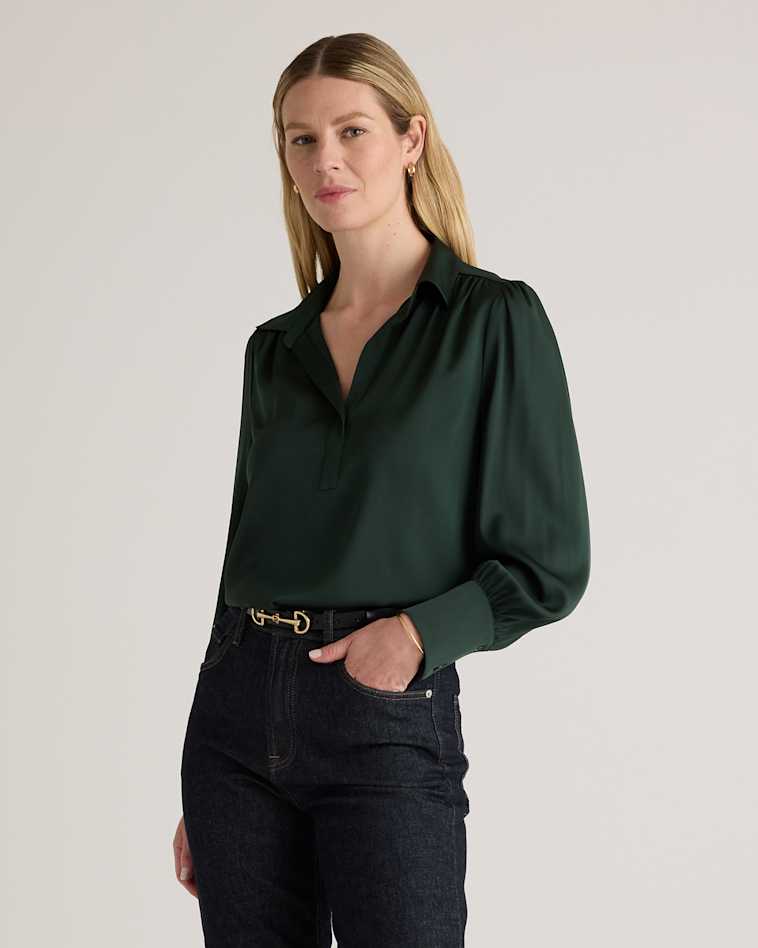 Washable Stretch Silk Short Sleeve Notch Collar Blouse in Forest Green Washable Stretch Silk Short Sleeve Notch Collar Blouse in Forest Green