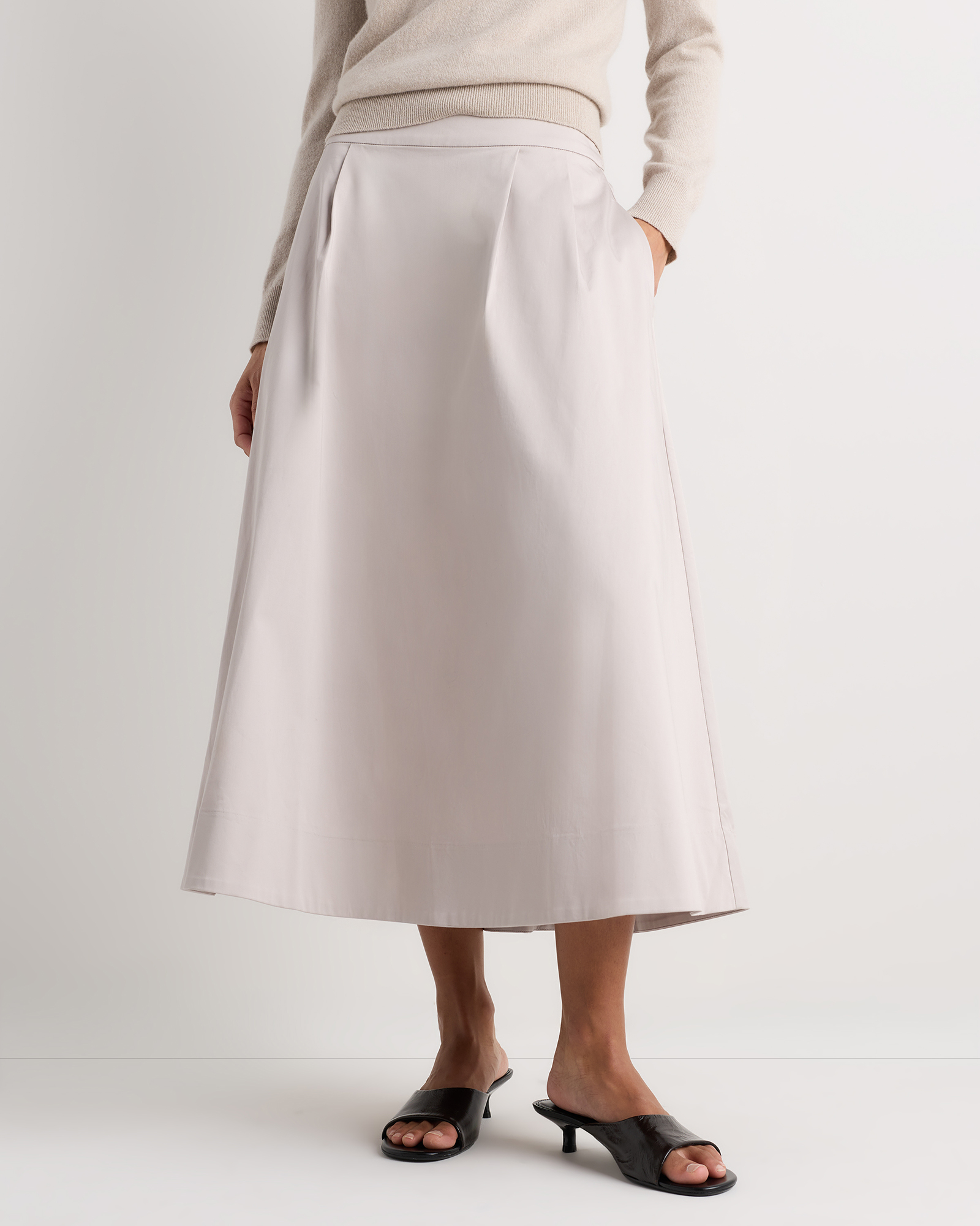 Granite Grey Organic Cotton Sateen A-line Midi Skirt
