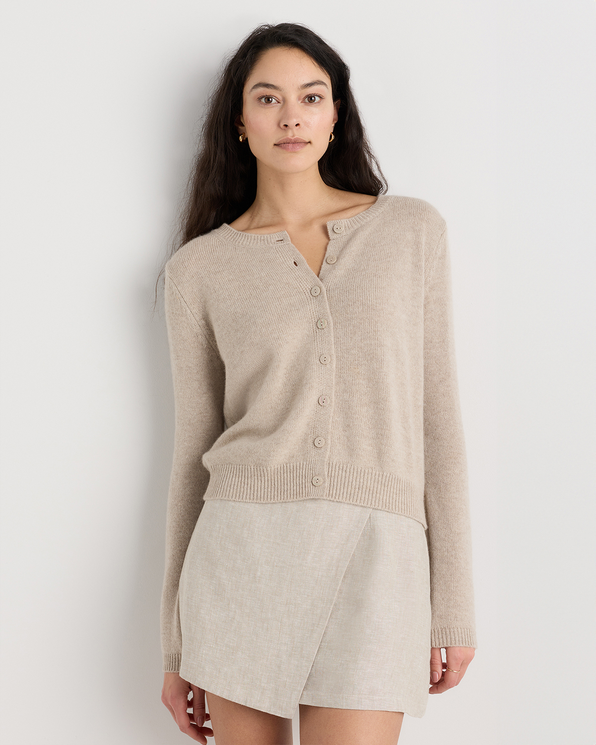 Undyed Natural Heather Mongolian Cashmere Cropped Crew Cardigan