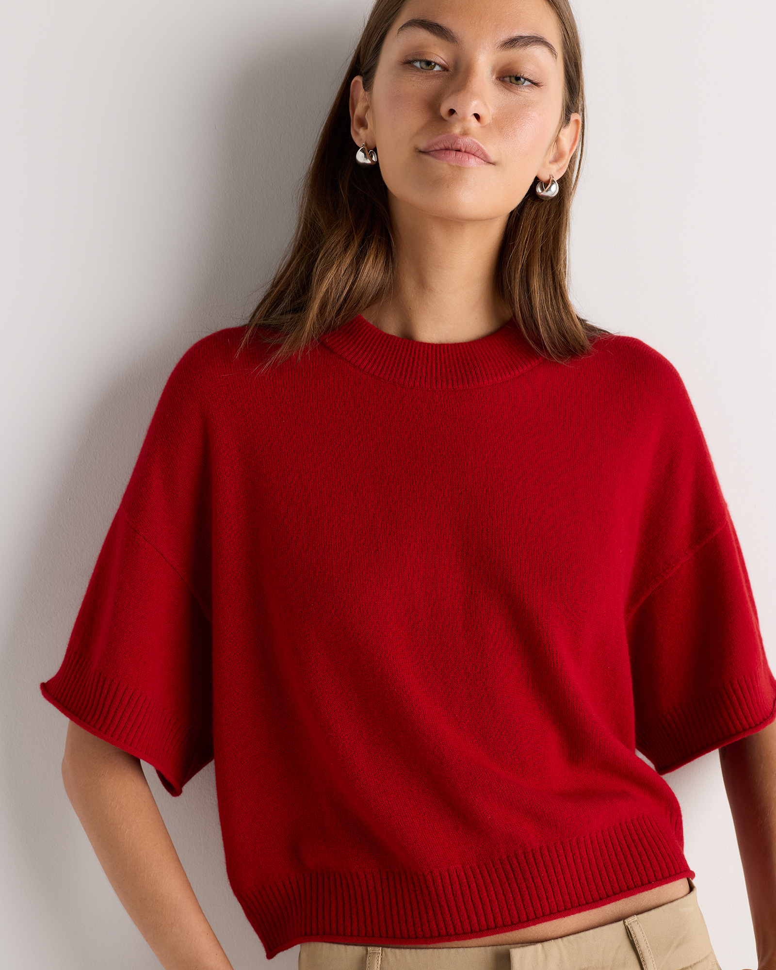Varsity Red Mongolian Cashmere Cropped Oversized Tee