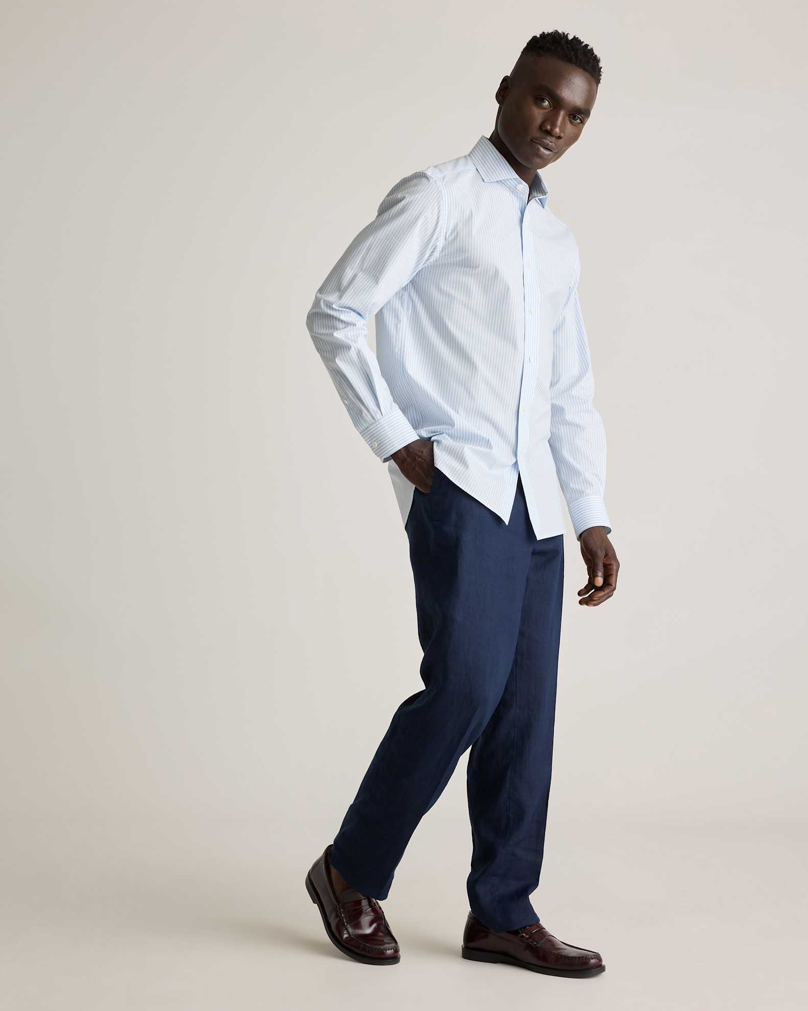 Organic Cotton Stretch Poplin Dress Shirt in Light Blue/White Stripe Organic Cotton Stretch Poplin Dress Shirt in Light Blue/White Stripe