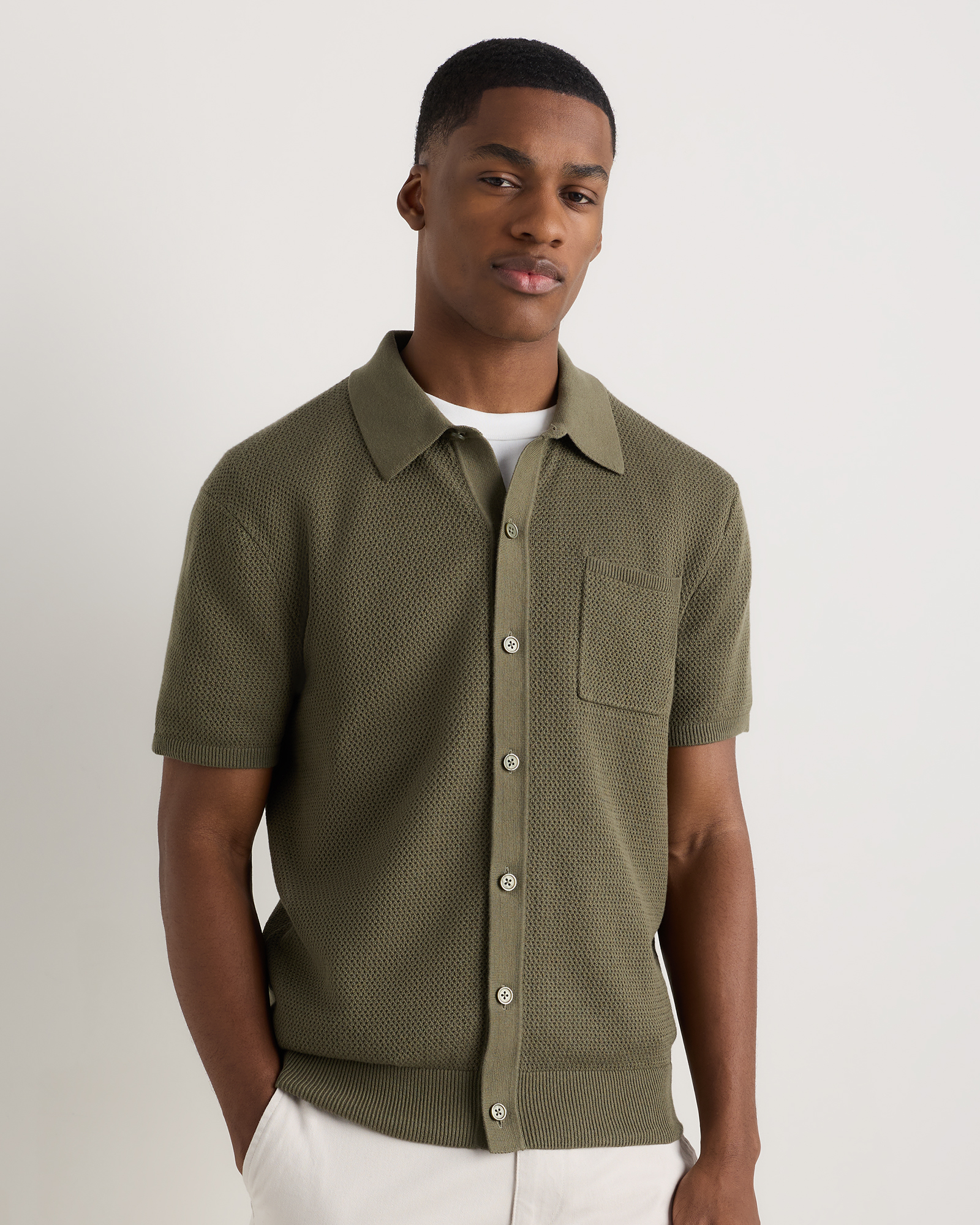 Bayberry Olive 100% Organic Cotton Mesh-Stitch Button-Up Sweater Polo