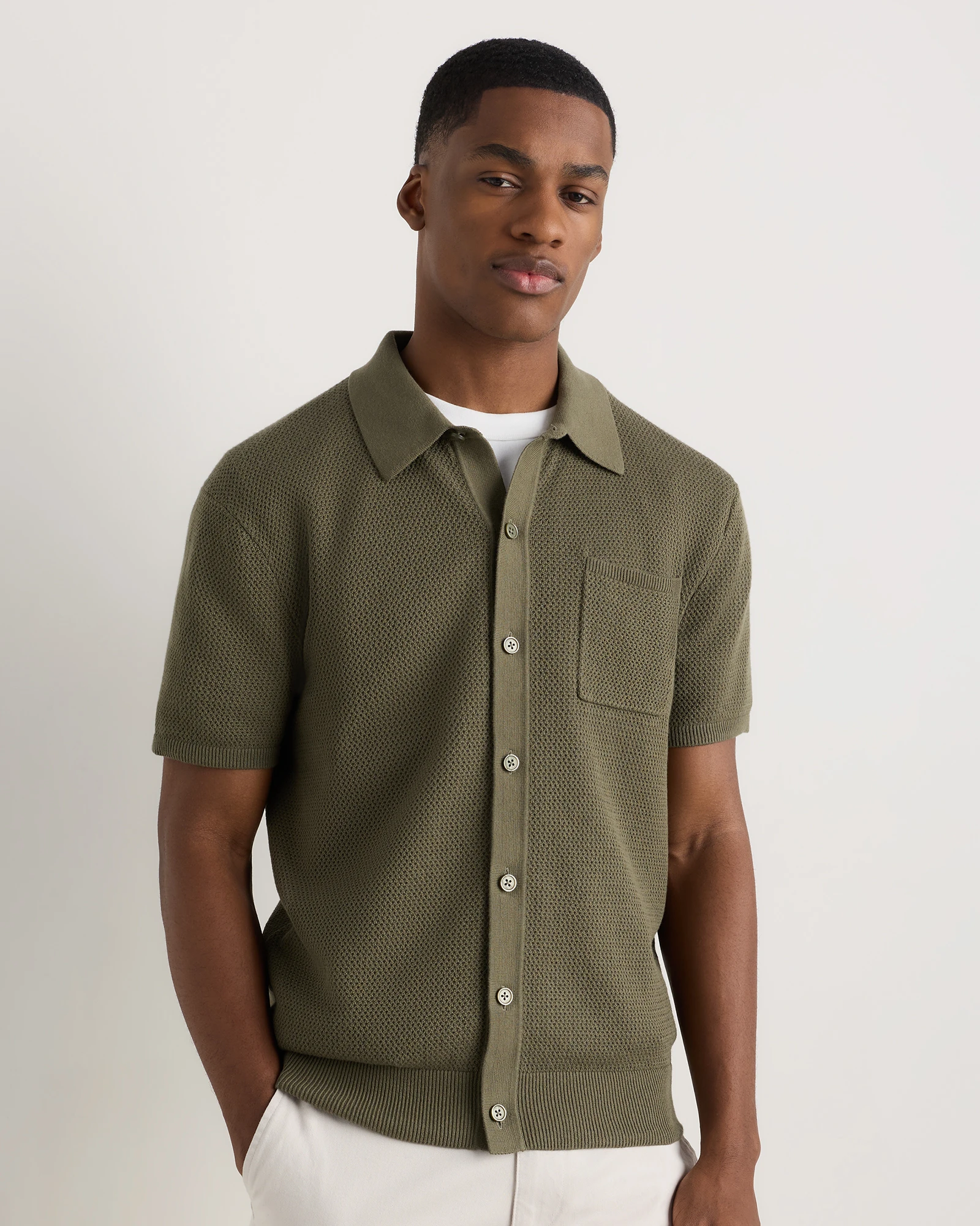 100% Organic Cotton Textured Button-Up Sweater Polo