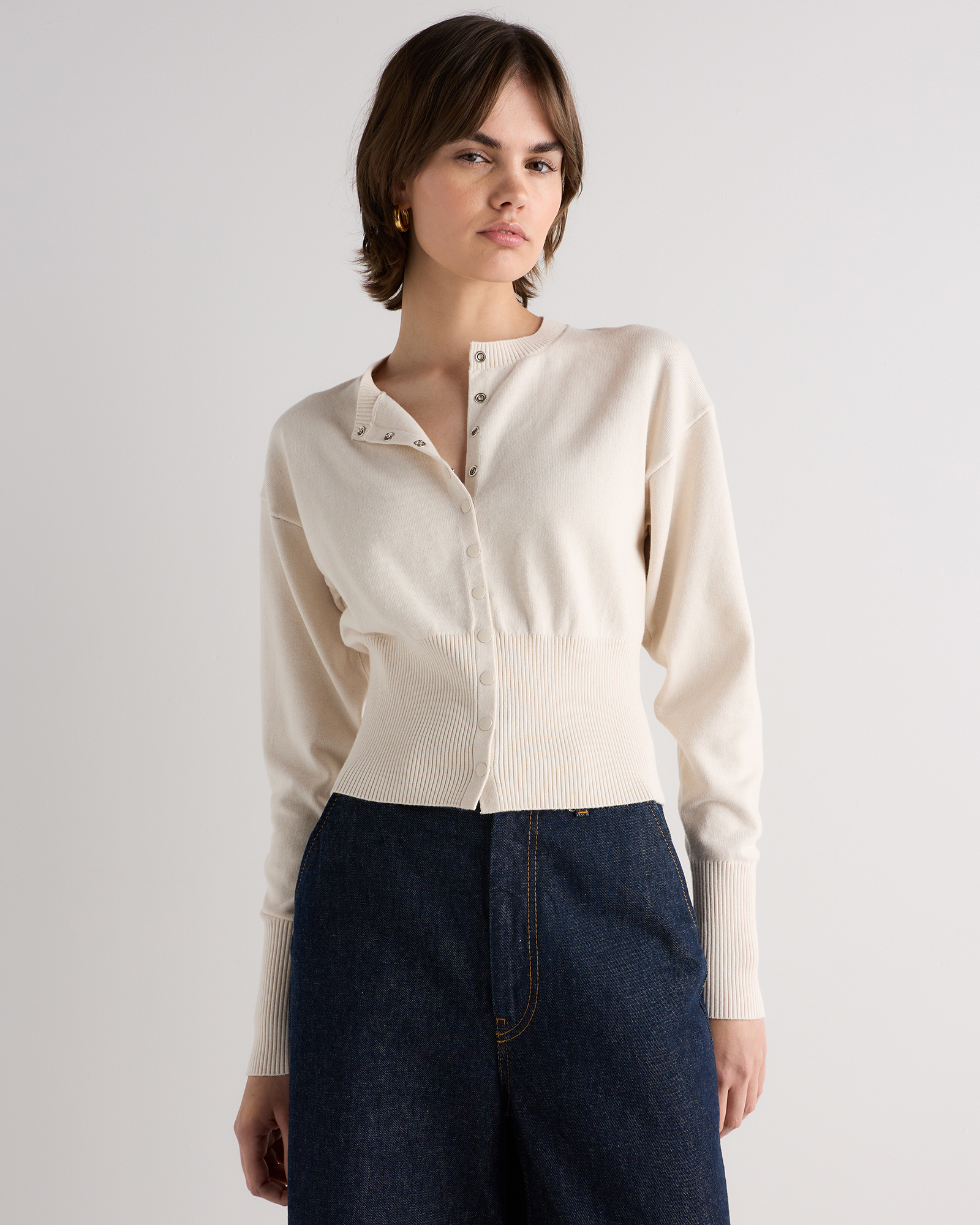 Bone Cotton Cashmere Structured Waist Cardigan