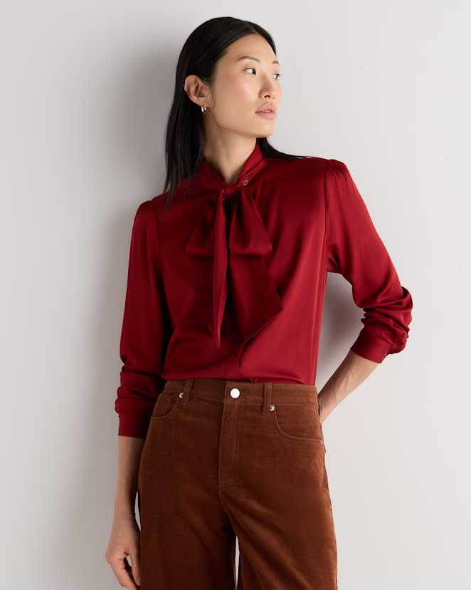 Clay Red Washable Stretch Silk Tie Neck Blouse