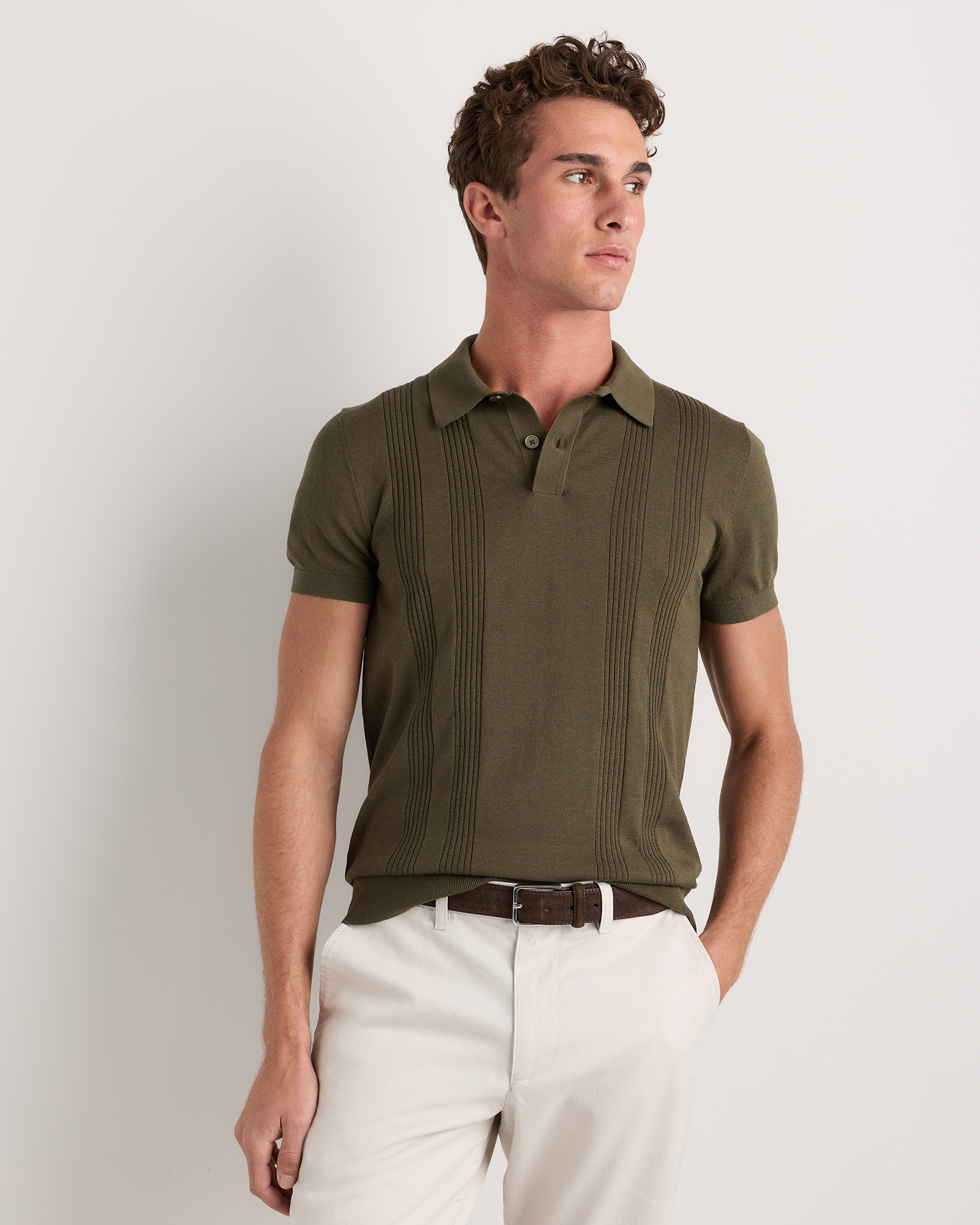 Bayberry Olive Cotton-Silk Ribbed Short Sleeve Sweater Polo