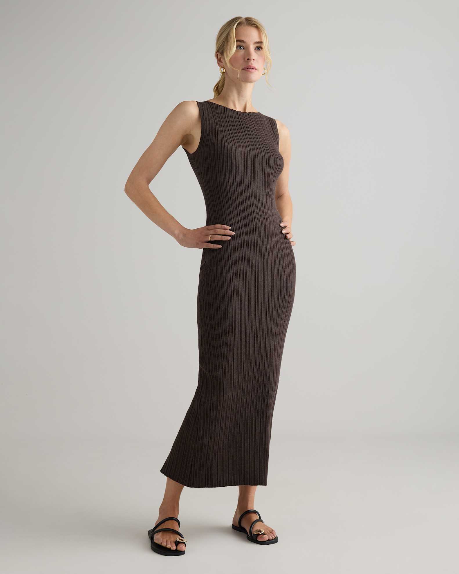 Quince Women's Cotton Cashmere Ribbed Sleeveless Midi Dress, Mocha Heather, Size Medium Quince Women's Cotton Cashmere Ribbed Sleeveless Midi Dress, Mocha Heather, Size Medium