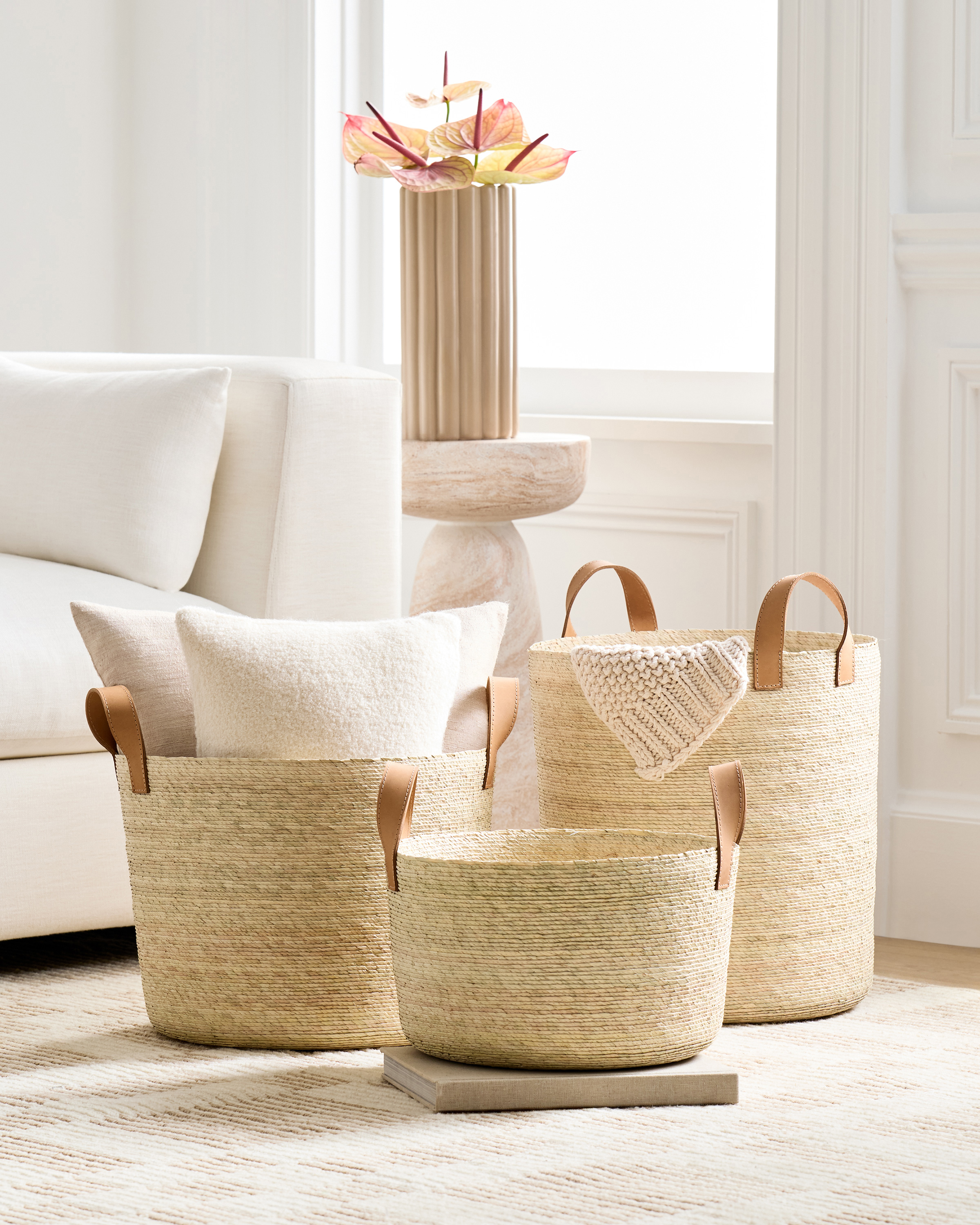 Natural Handwoven Round Palm Baskets (Set of 3) - Thumbnail 3