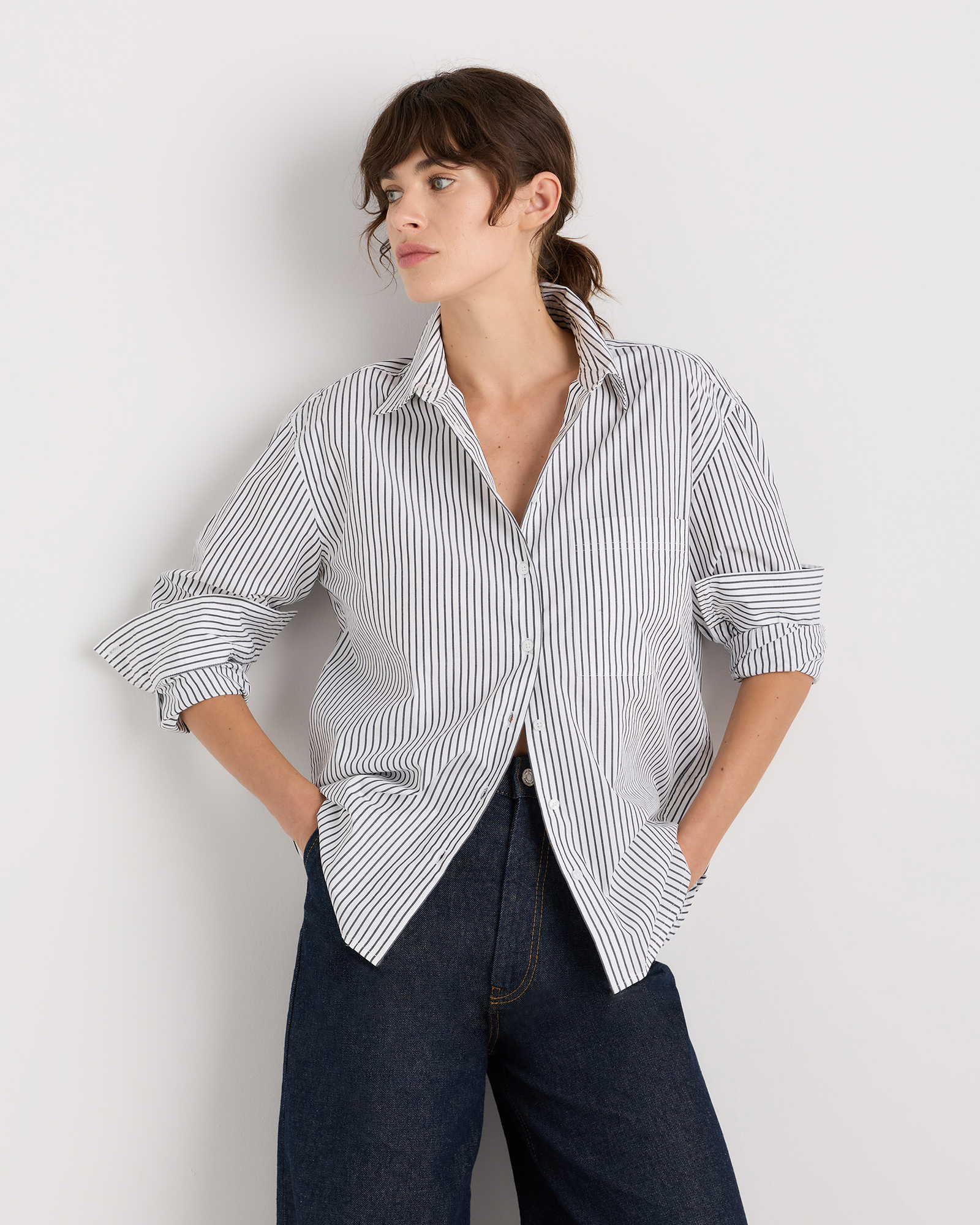 Steel Grey Soho Stripe 100% Organic Cotton Poplin Long Sleeve Boyfriend Shirt