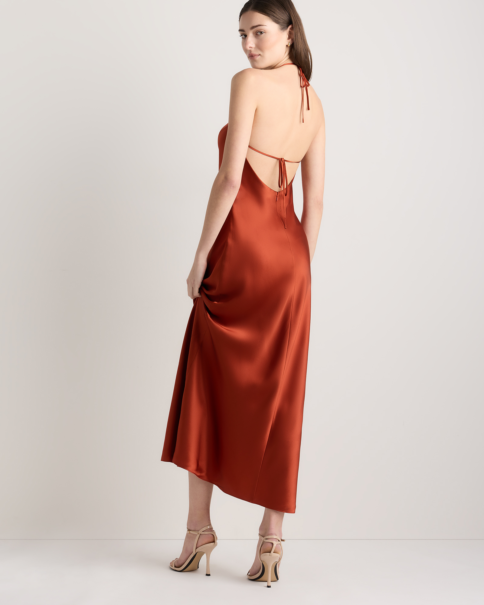 100% Washable Silk Halter Maxi Dress in Paprika Red