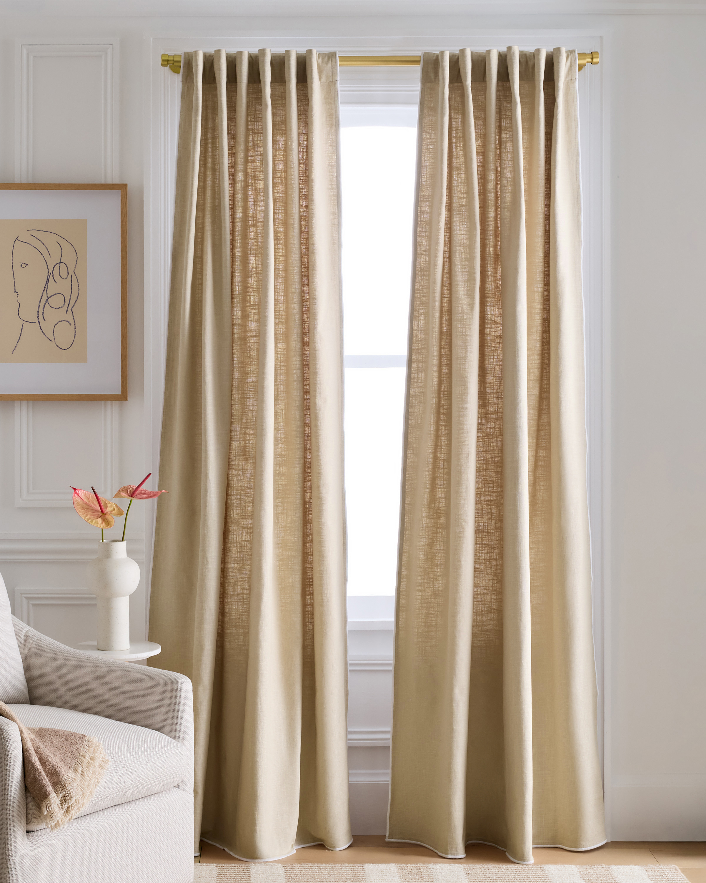 Natural/White Piping Piped Edge Cotton Curtain