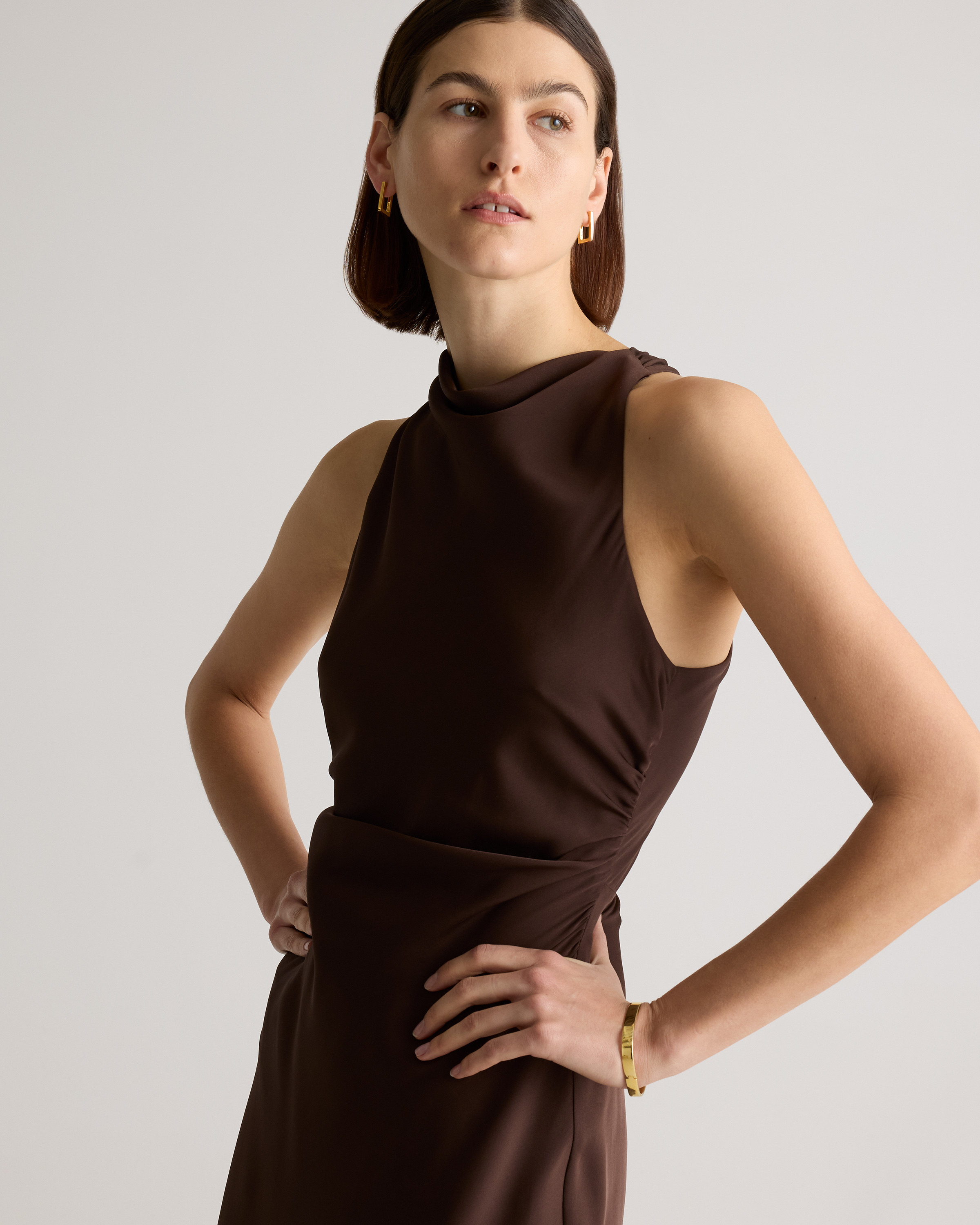brown silk high neck dress Cara | Brown Matte Satin High-Neck Maxi Dress