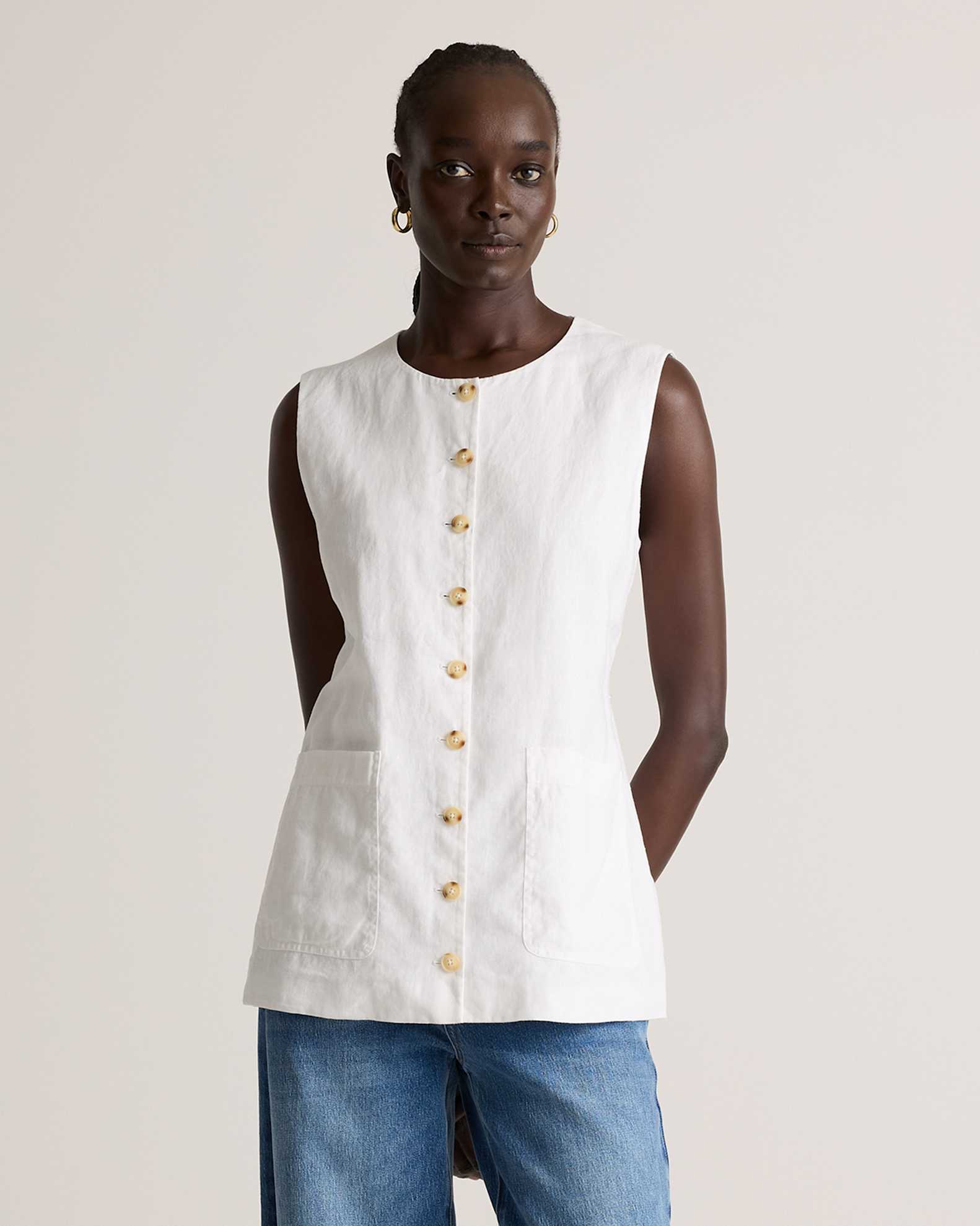 Women's 100% European Linen Longline Vest in White, Size XL by Quince Women's 100% European Linen Longline Vest in White, Size XL by Quince
