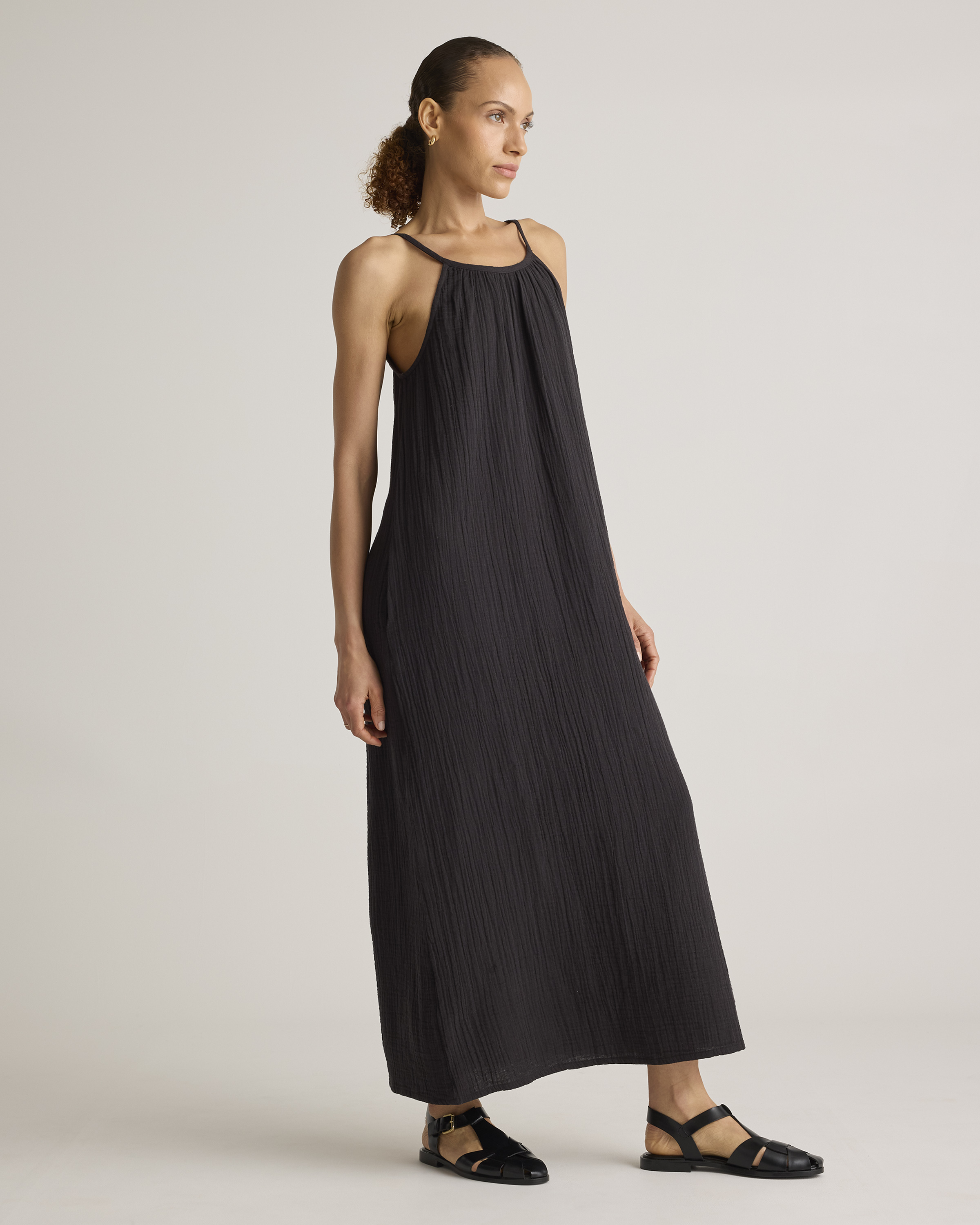 100% Organic Cotton Gauze Sleeveless Maxi Dress in Black