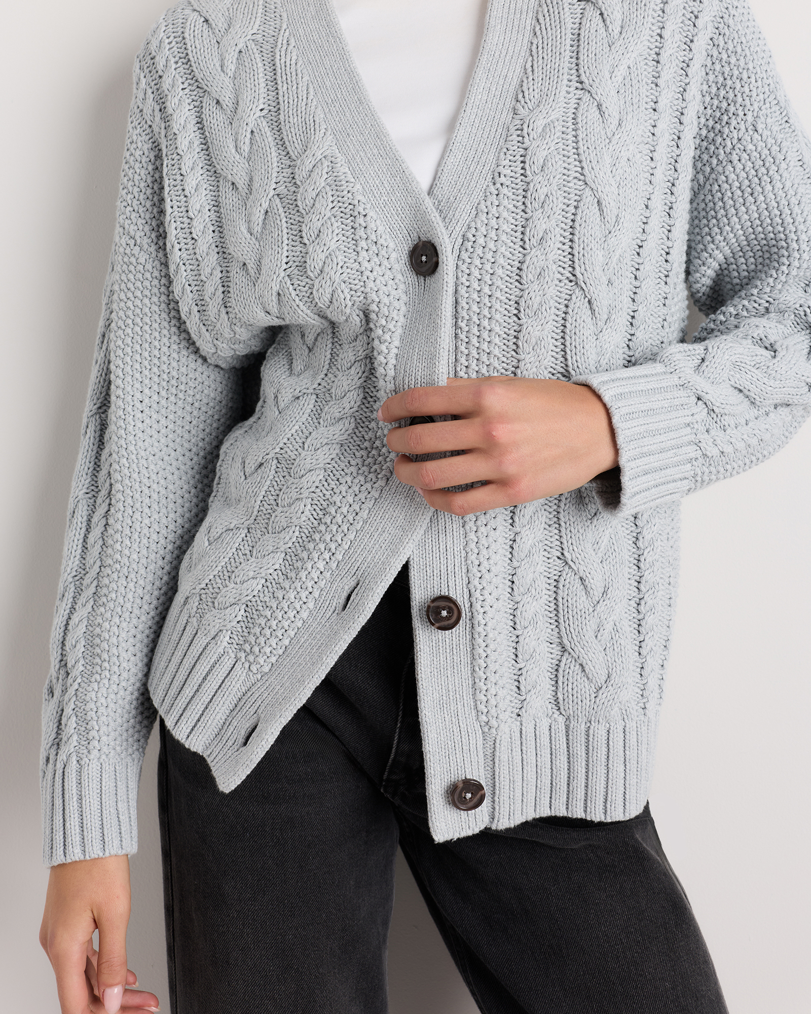 美品heve bubbly 2way cable cardigan gray 100% Organic Cotton Oversized Cable Cardigan in Heather Dove Grey