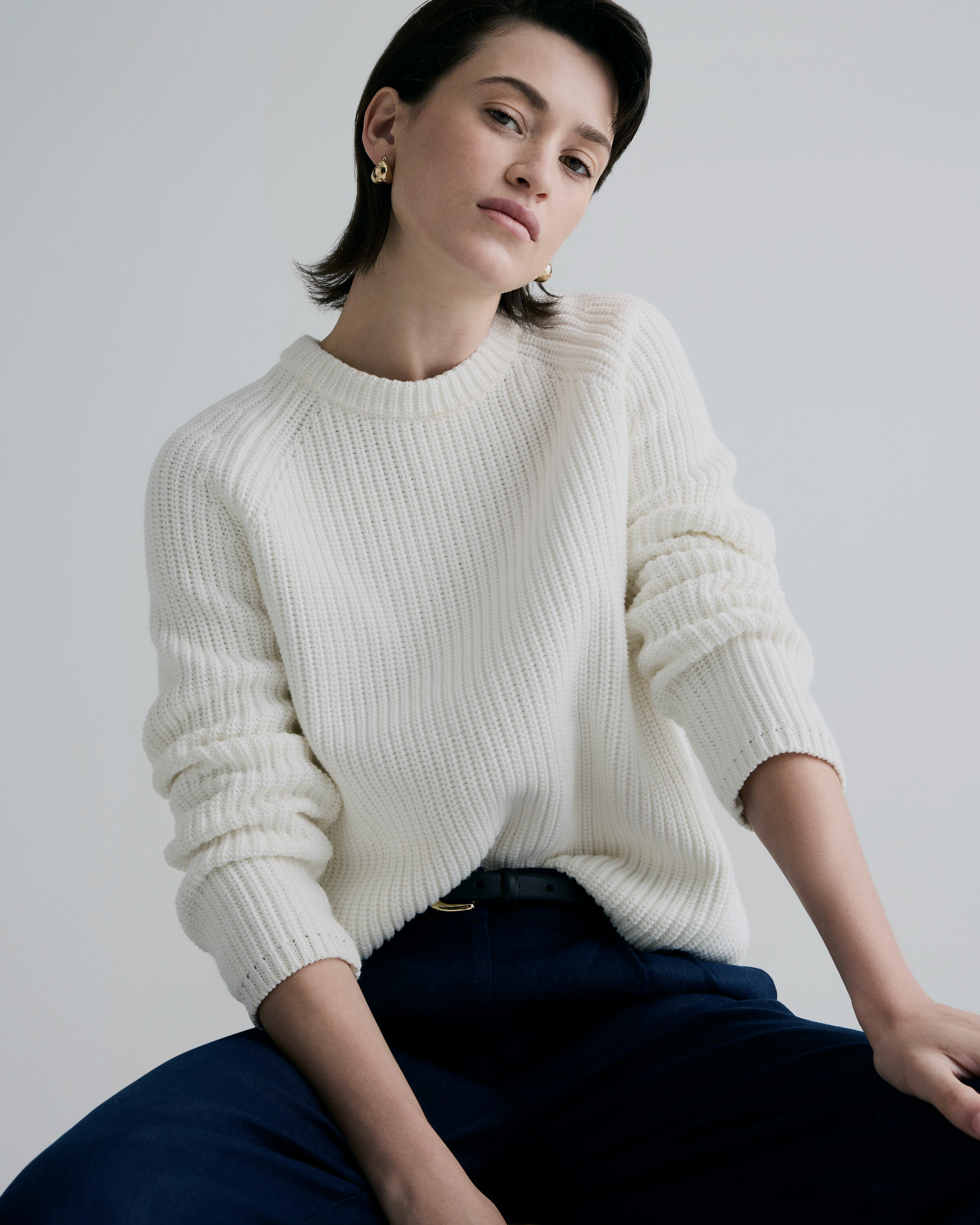 100% Organic Cotton Fisherman Crew Sweater in Ivory