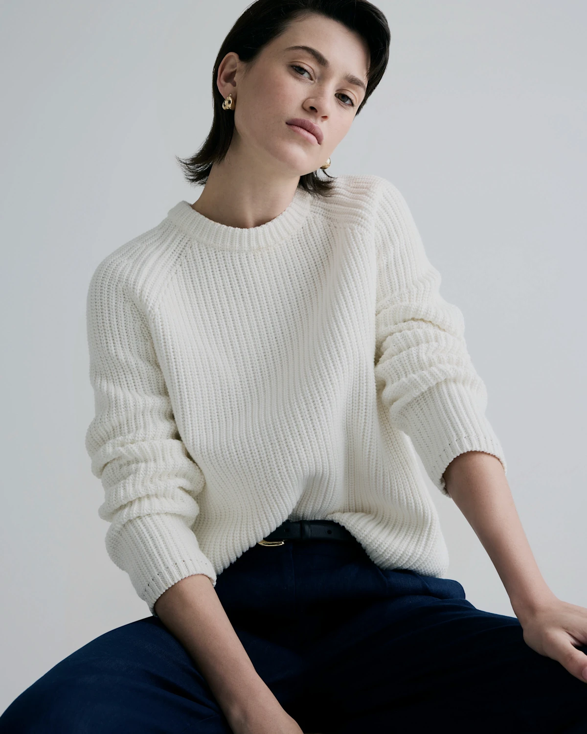 Women's 100% Organic Cotton Fisherman Crew Sweater in Ivory