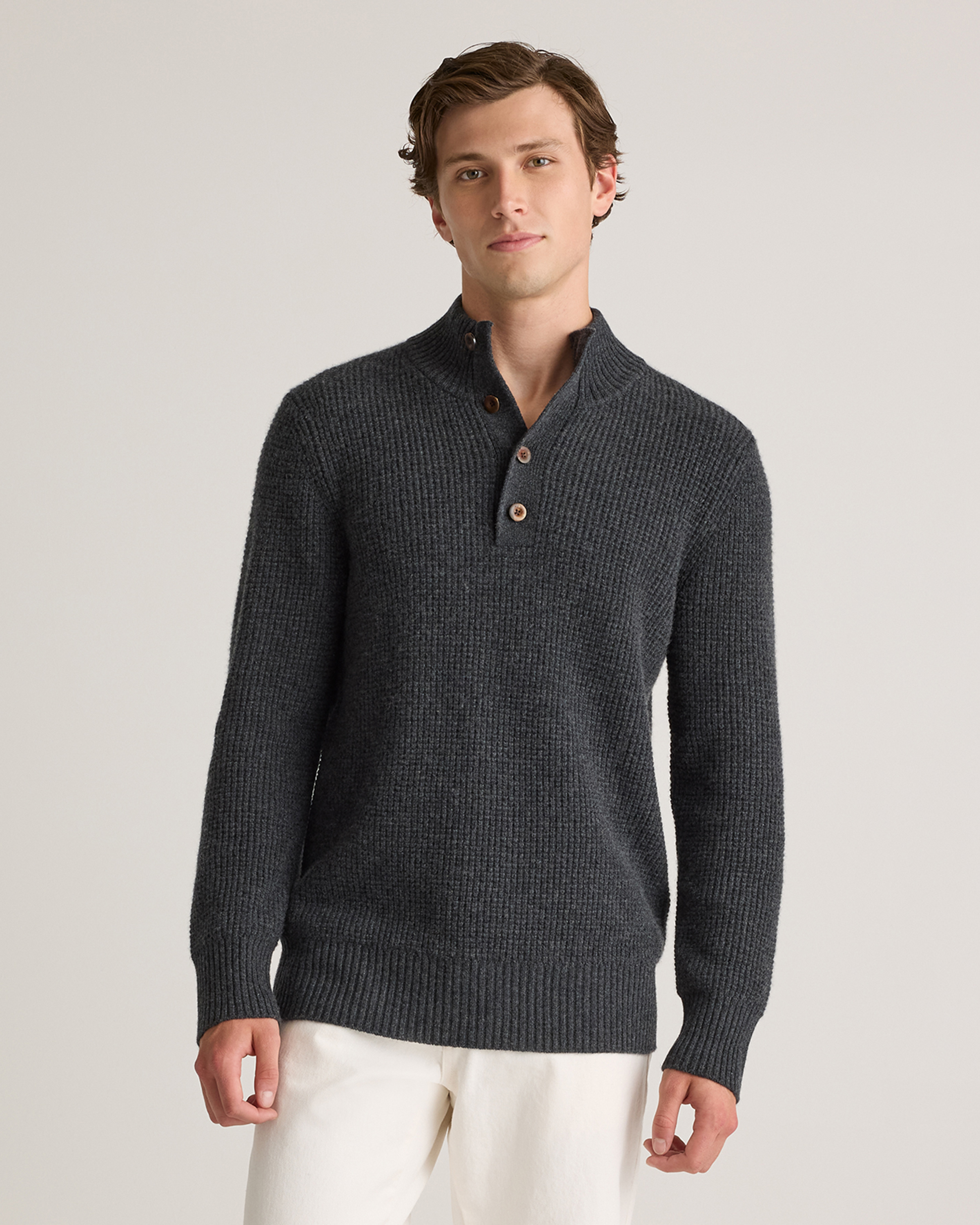 Quince Men's Mongolian Cashmere Waffle Quarter Button Sweater In Heather Charcoal