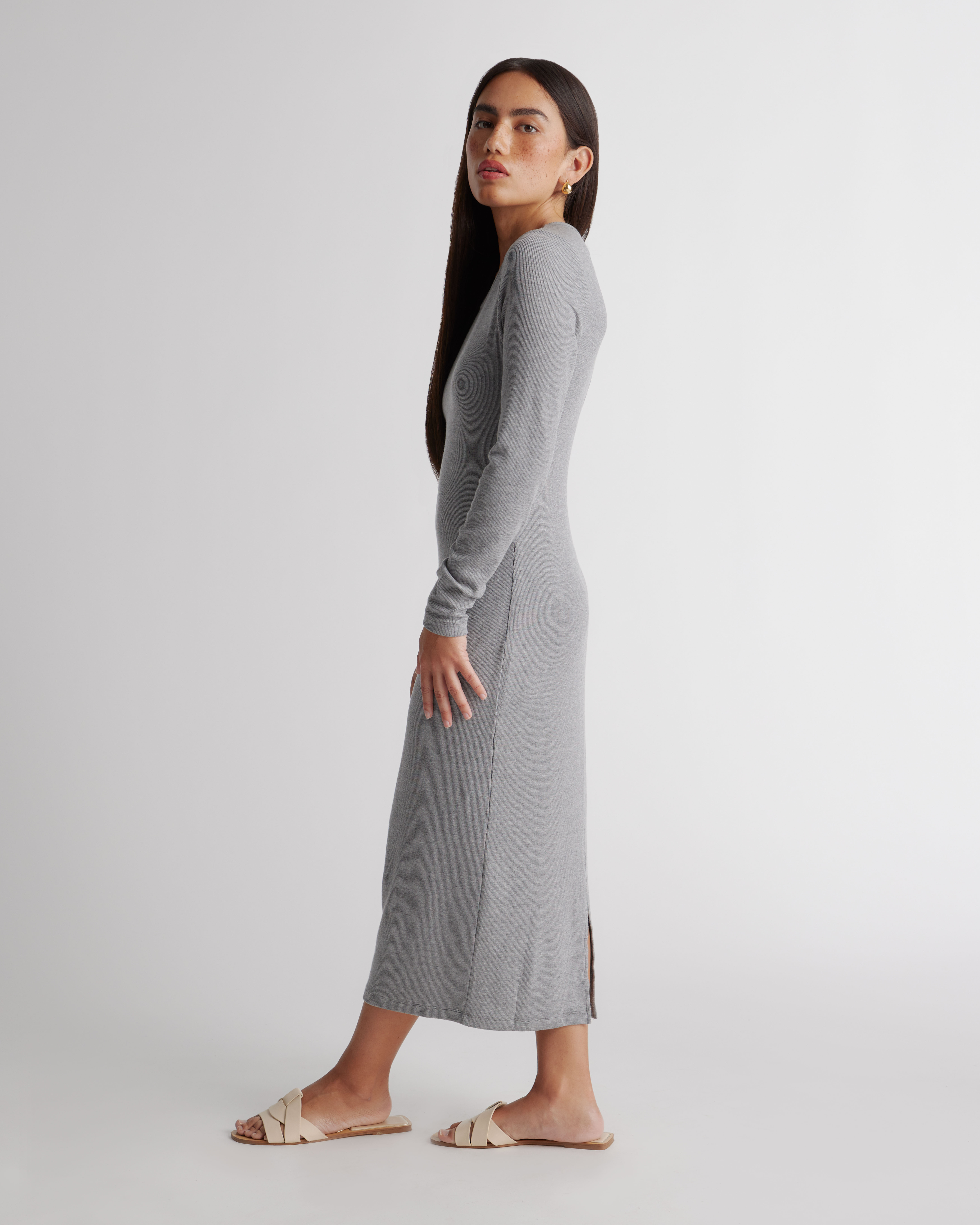 knee length dresses for ladies Heather Grey Ribbed Knit Fitted V-Neck Midi Dress – PinkBlush main image 0