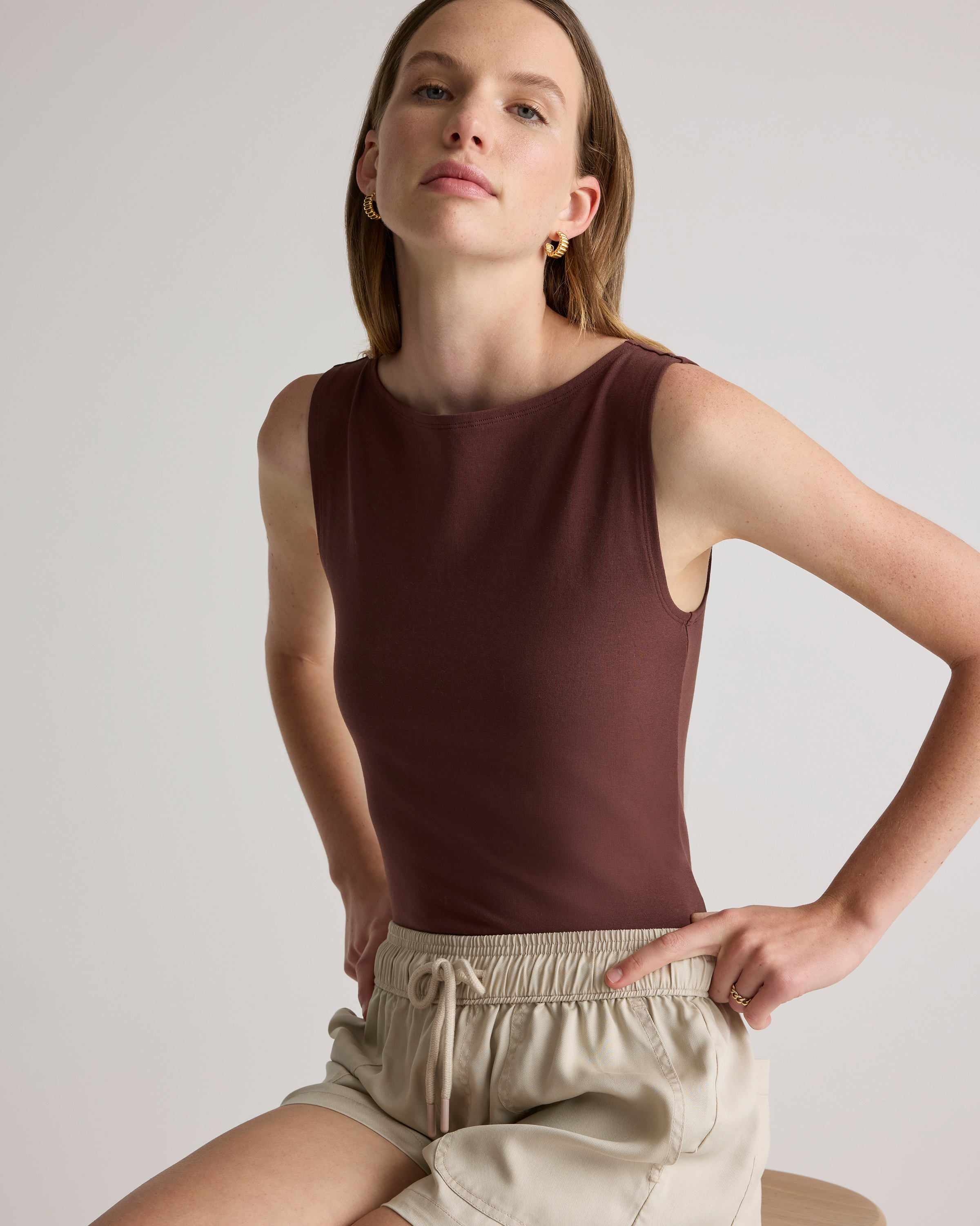 Stretch Cotton Jersey Boat Neck Tank in Cocoa