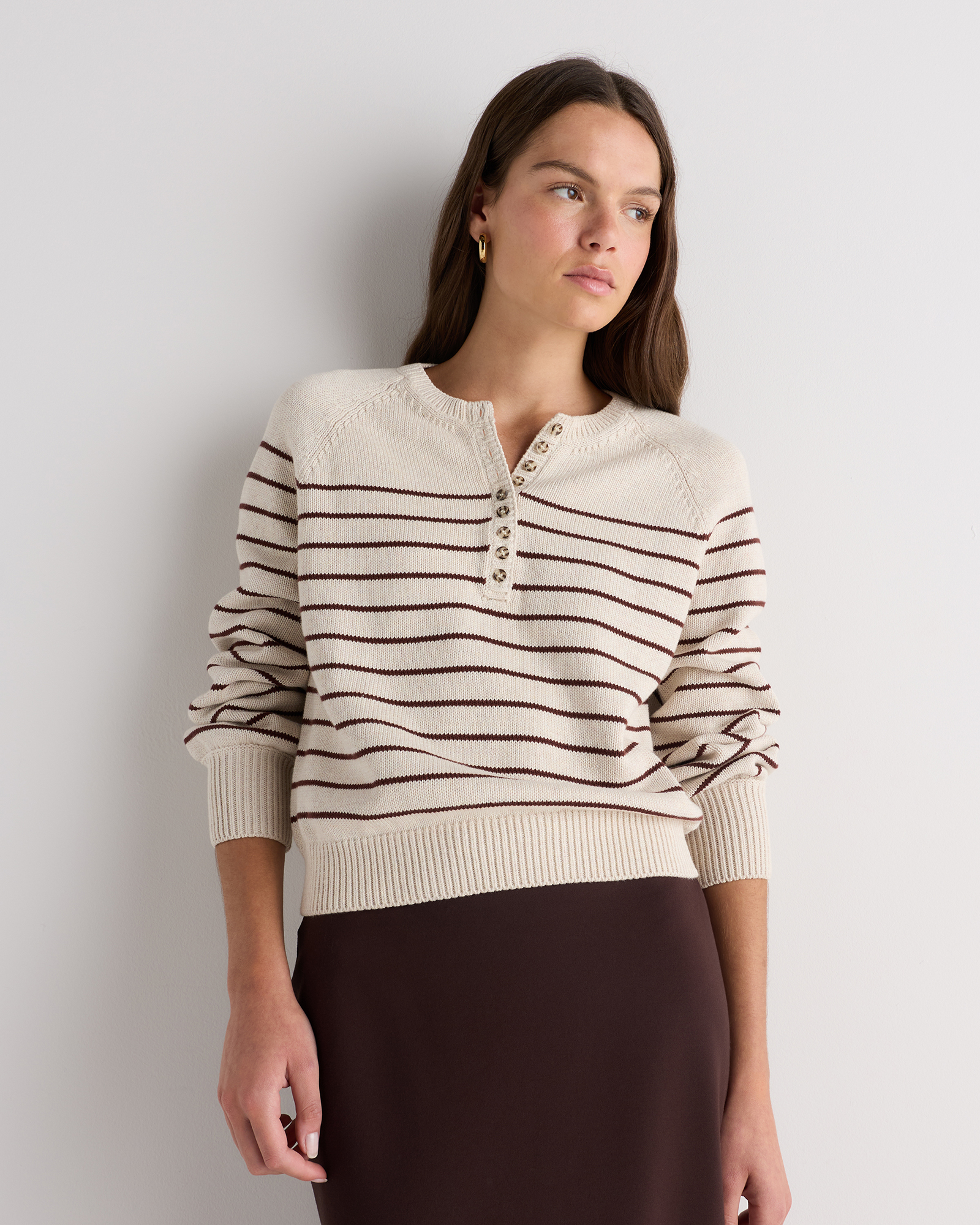 Speckled Beige / Bitter Chocolate Stripe 100% Organic Cotton Striped Henley Sweater