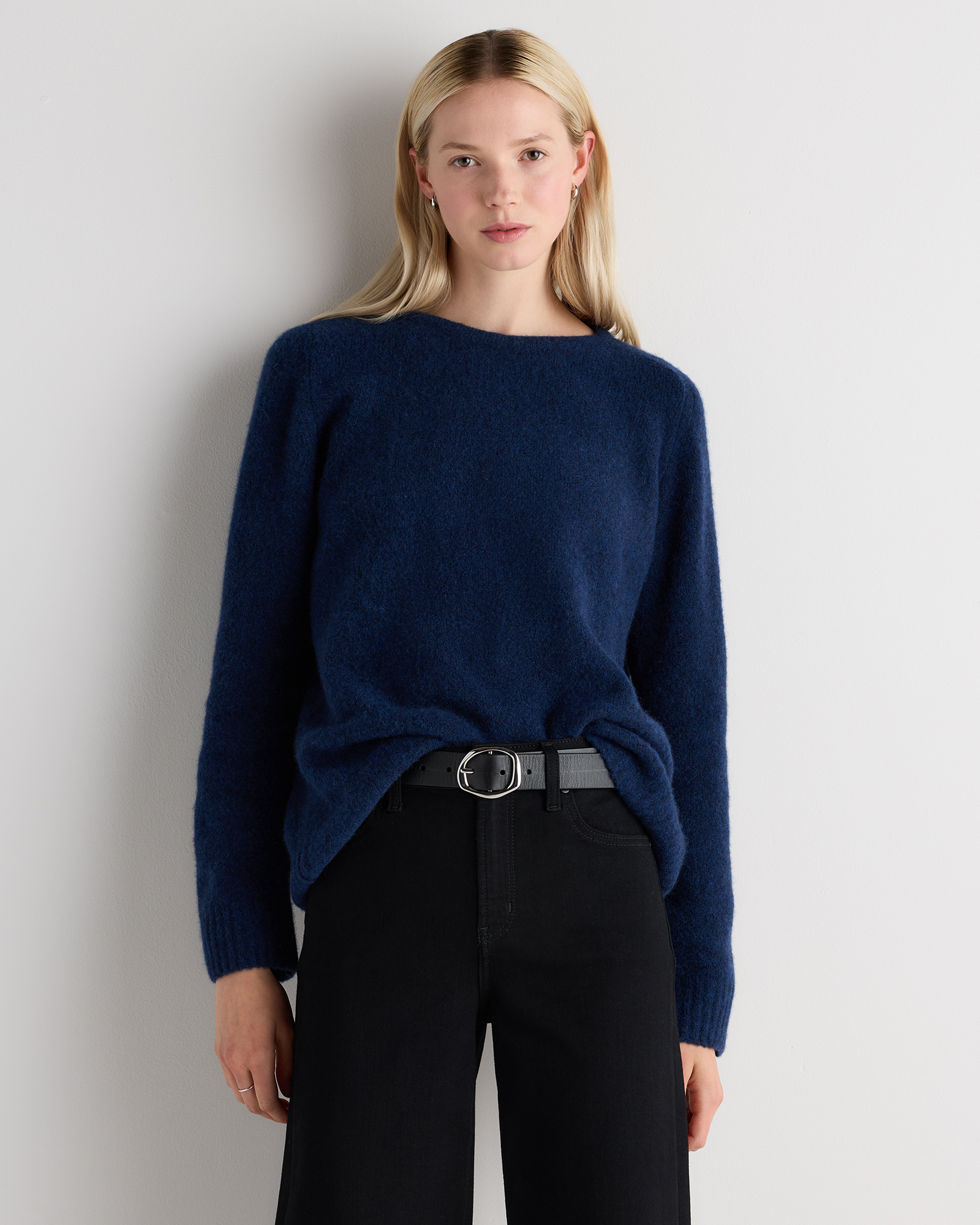 Soft Navy Cashmere Silk Boucle Relaxed Crewneck