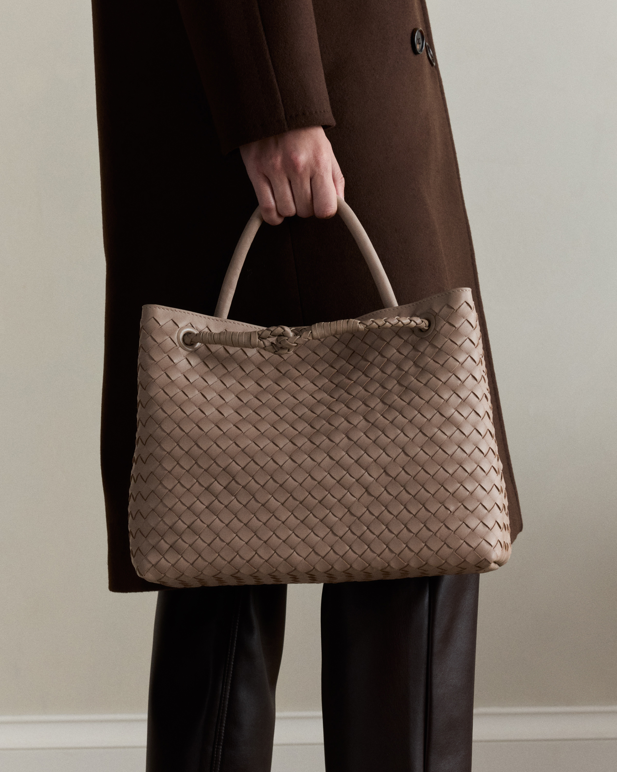 Italian Leather Handwoven Satchel in Taupe