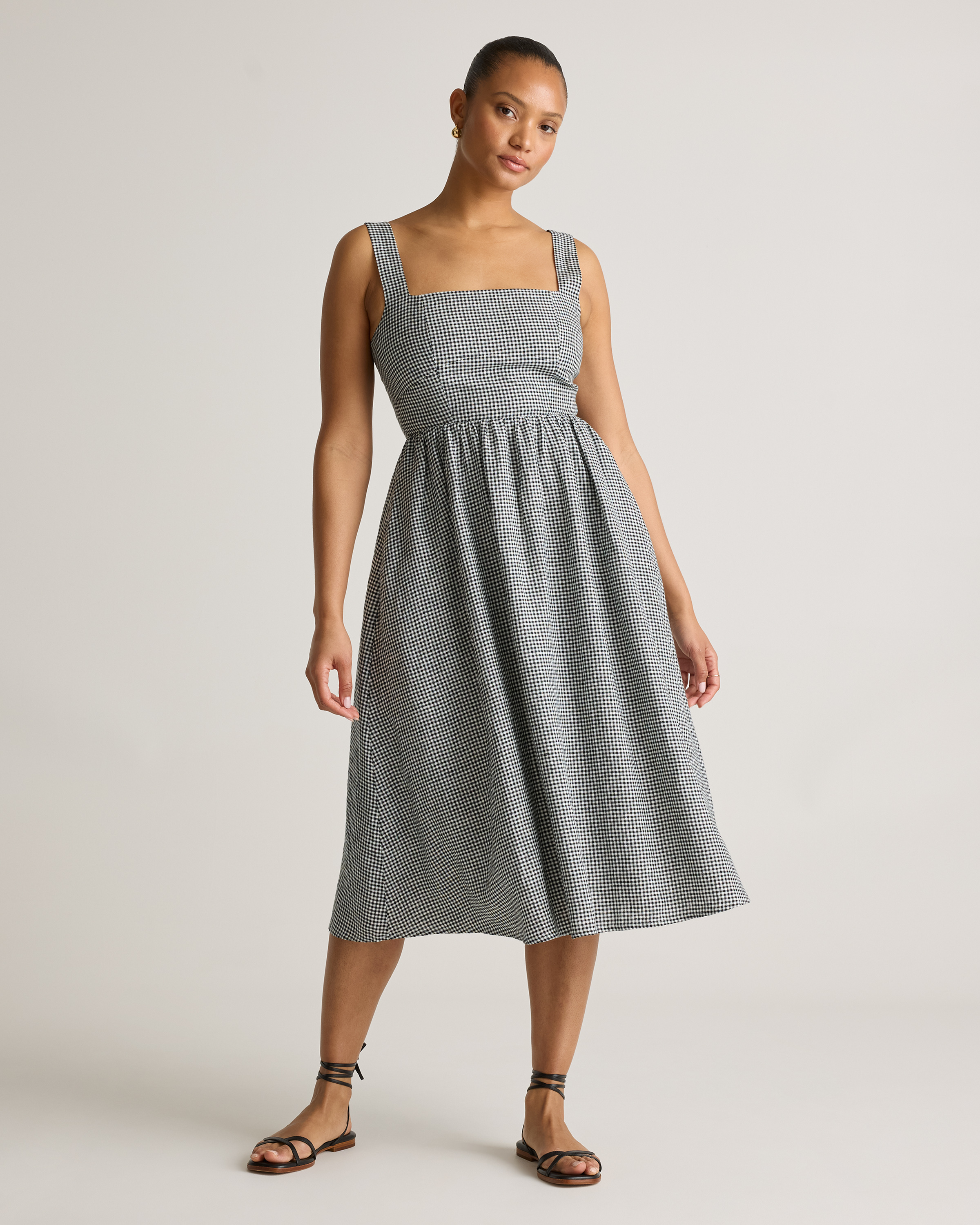 Quince Women's 100% European Linen Fit & Flare Midi Dress In Classic Mini Gingham