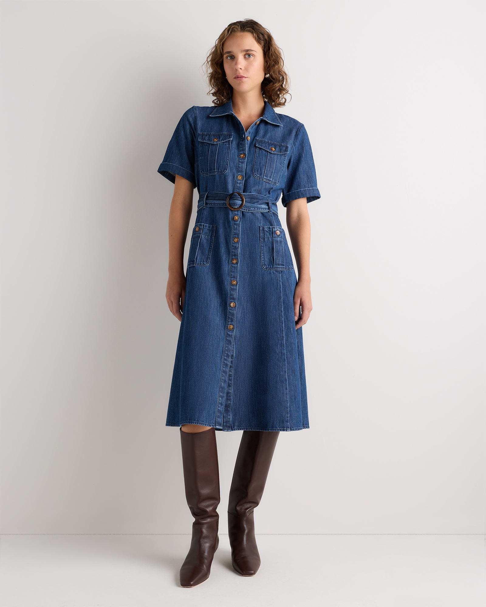Classic Indigo Blue Organic Denim Button Front Midi Dress