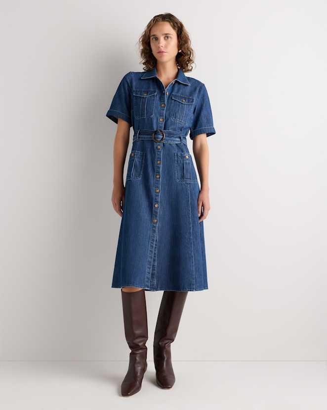 Classic Indigo Blue Organic Denim Button Front Midi Dress