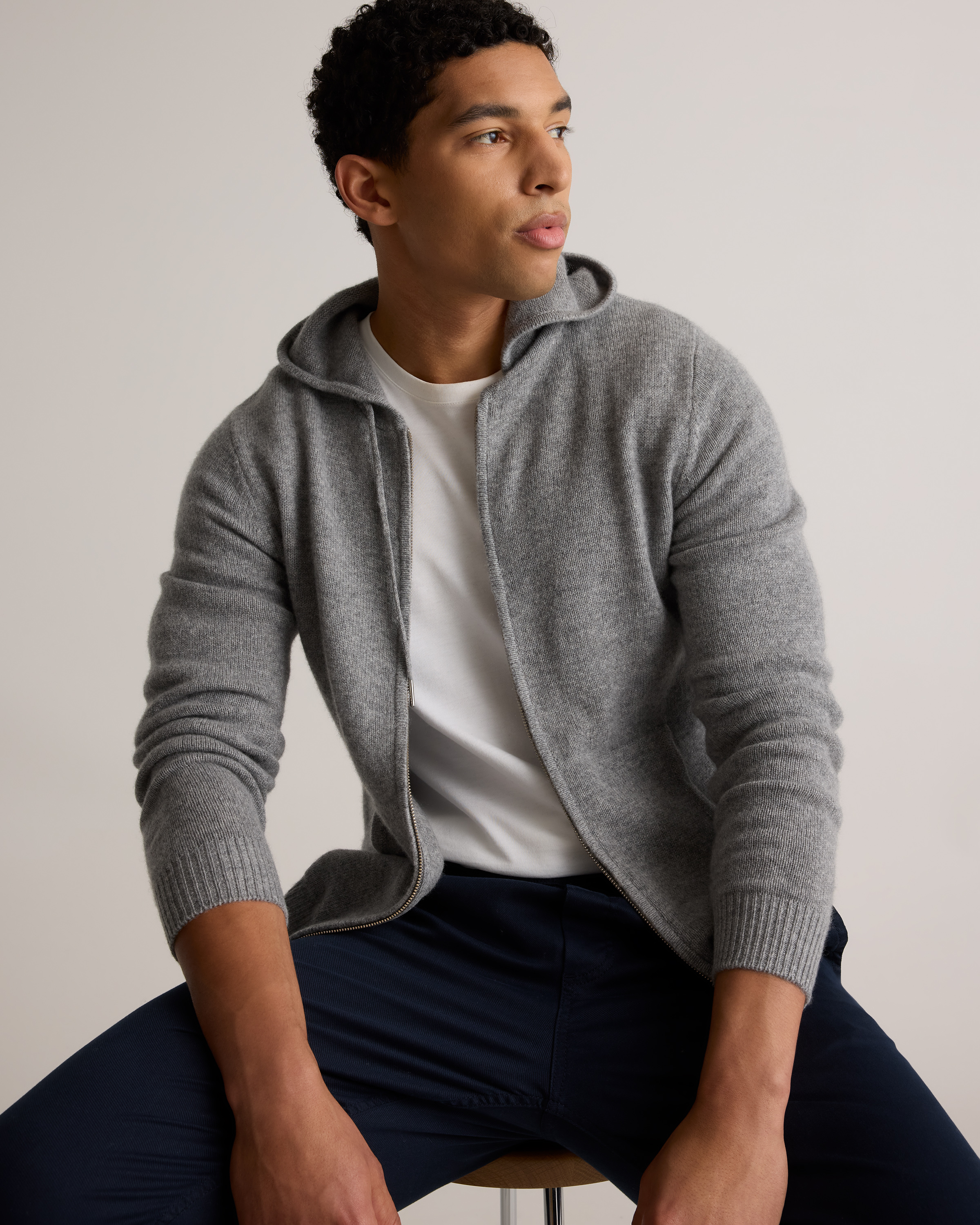 Mongolian Cashmere Full-Zip Hoodie in Heather Grey