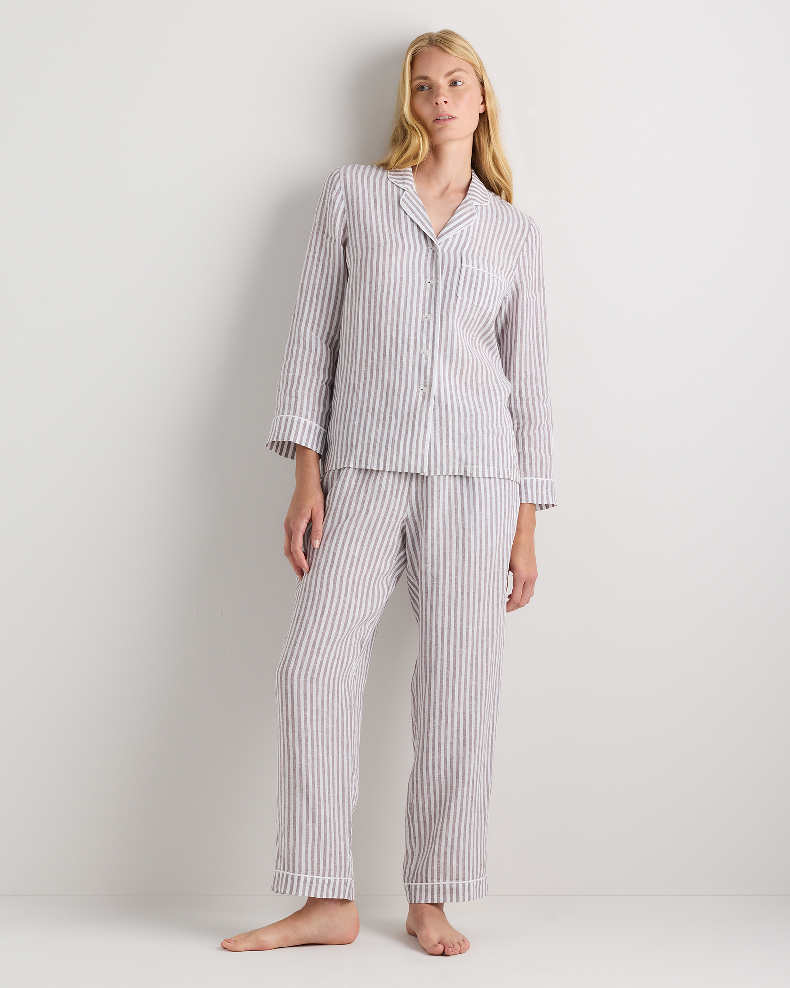 Taupe Brown Mariner Stripe 100% European Linen Long Sleeve Pajama Set with Piping