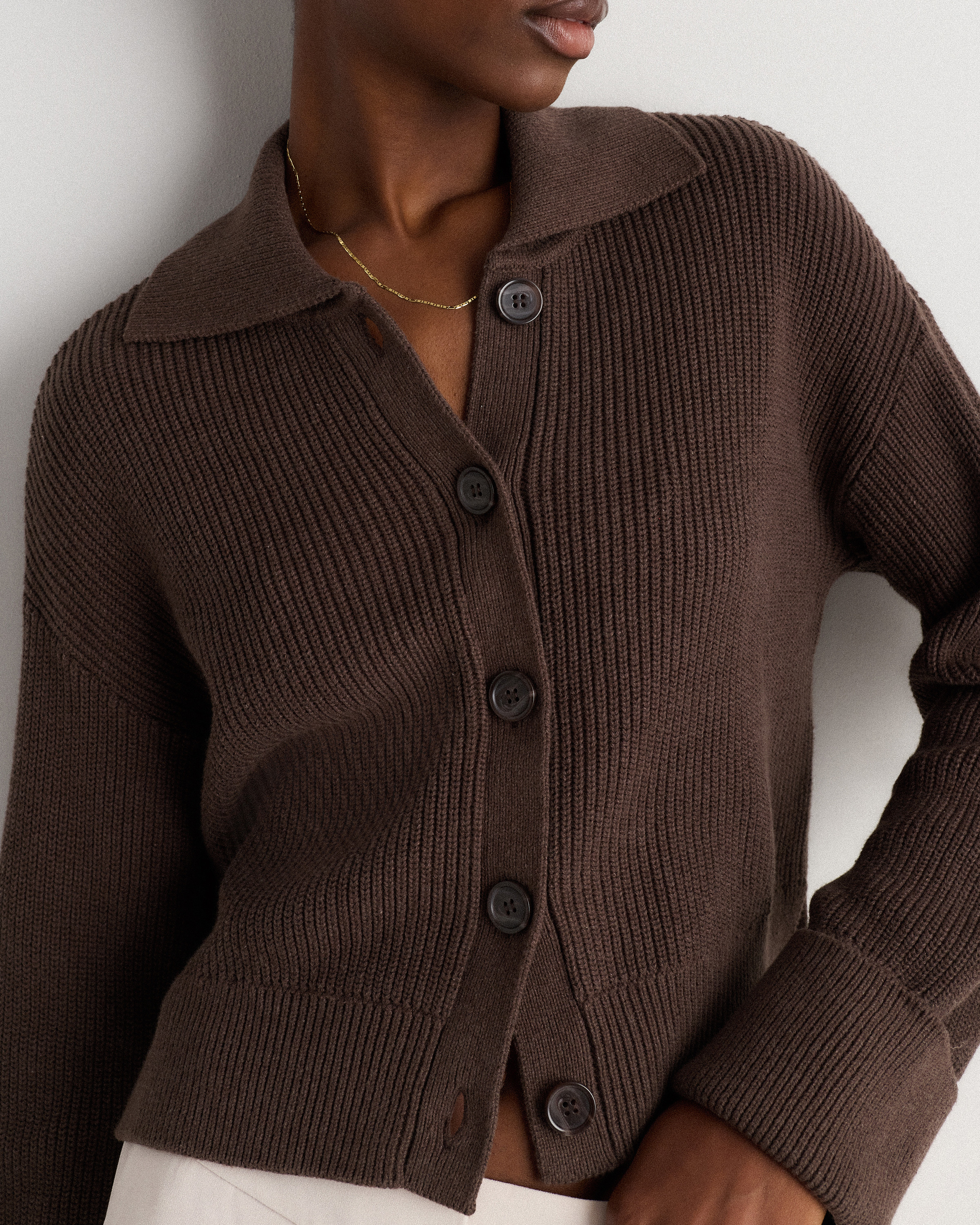 100% Organic Cotton Fisherman Collared Cardigan in Heather Brown