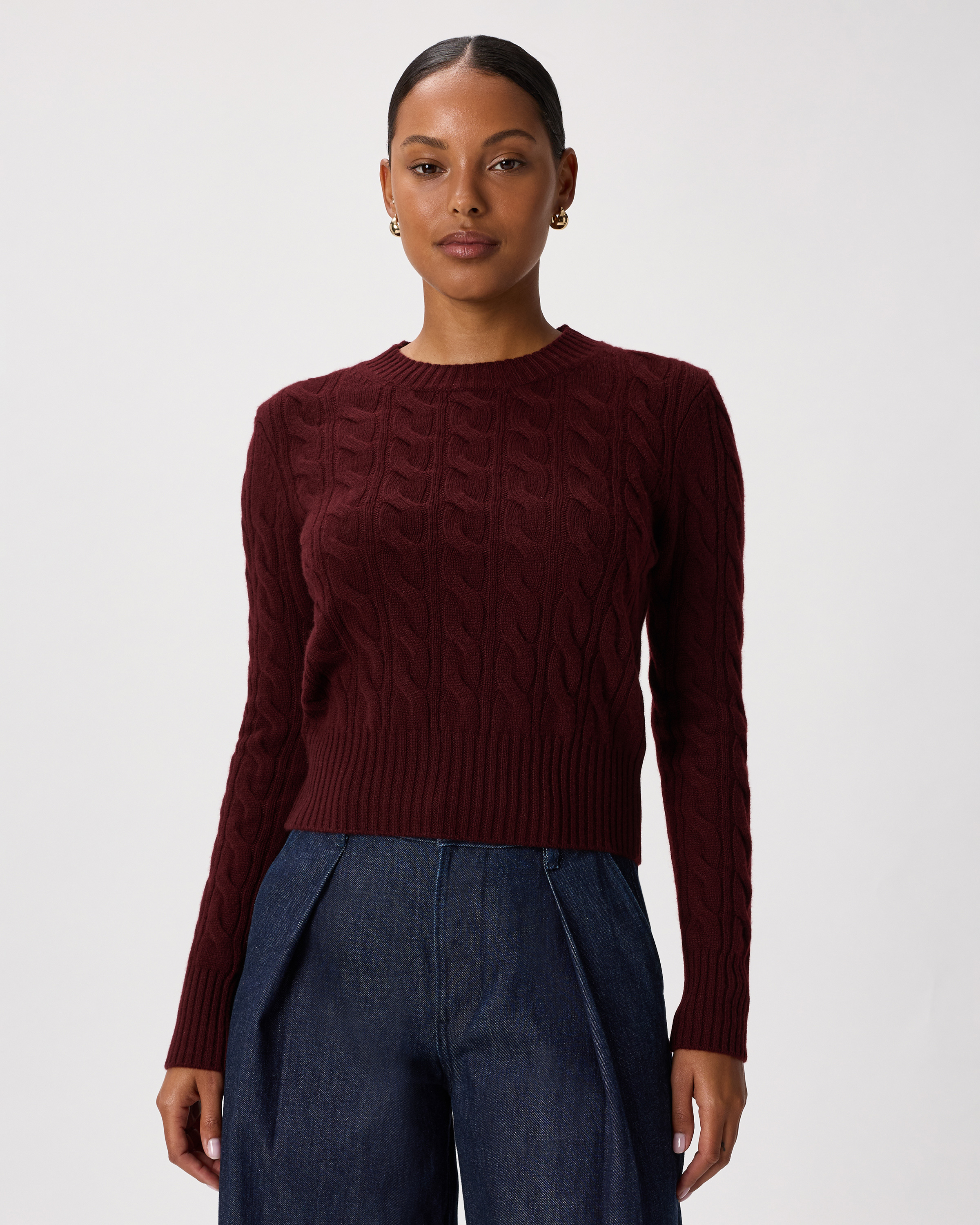 Rich Burgundy Mongolian Cashmere Shrunken Cable Crewneck Sweater