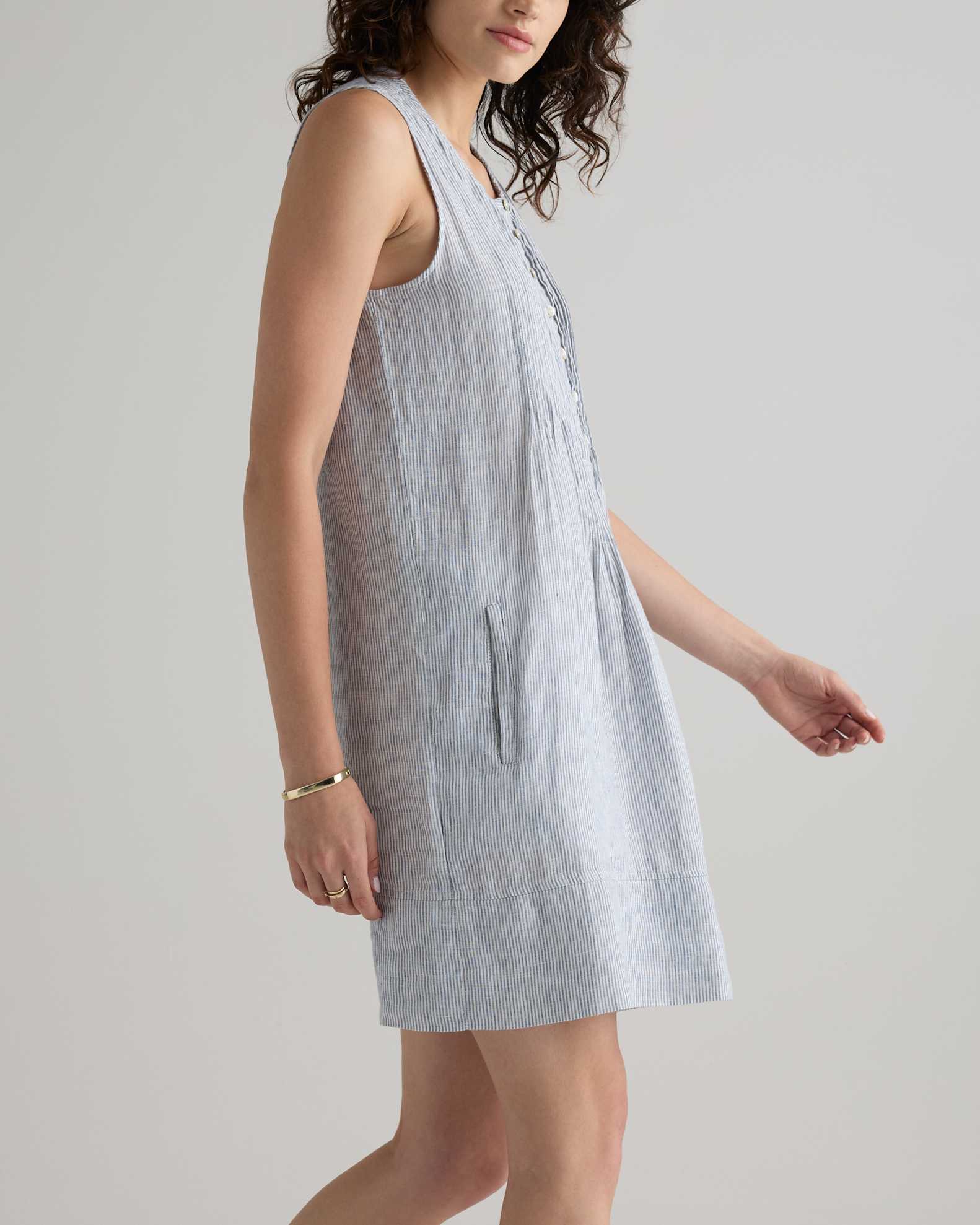 Quince Women's Sleeveless Swing Dress in Blue Pinstripe, Large Size, Made from 100% European Linen Quince Women's Sleeveless Swing Dress in Blue Pinstripe, Large Size, Made from 100% European Linen