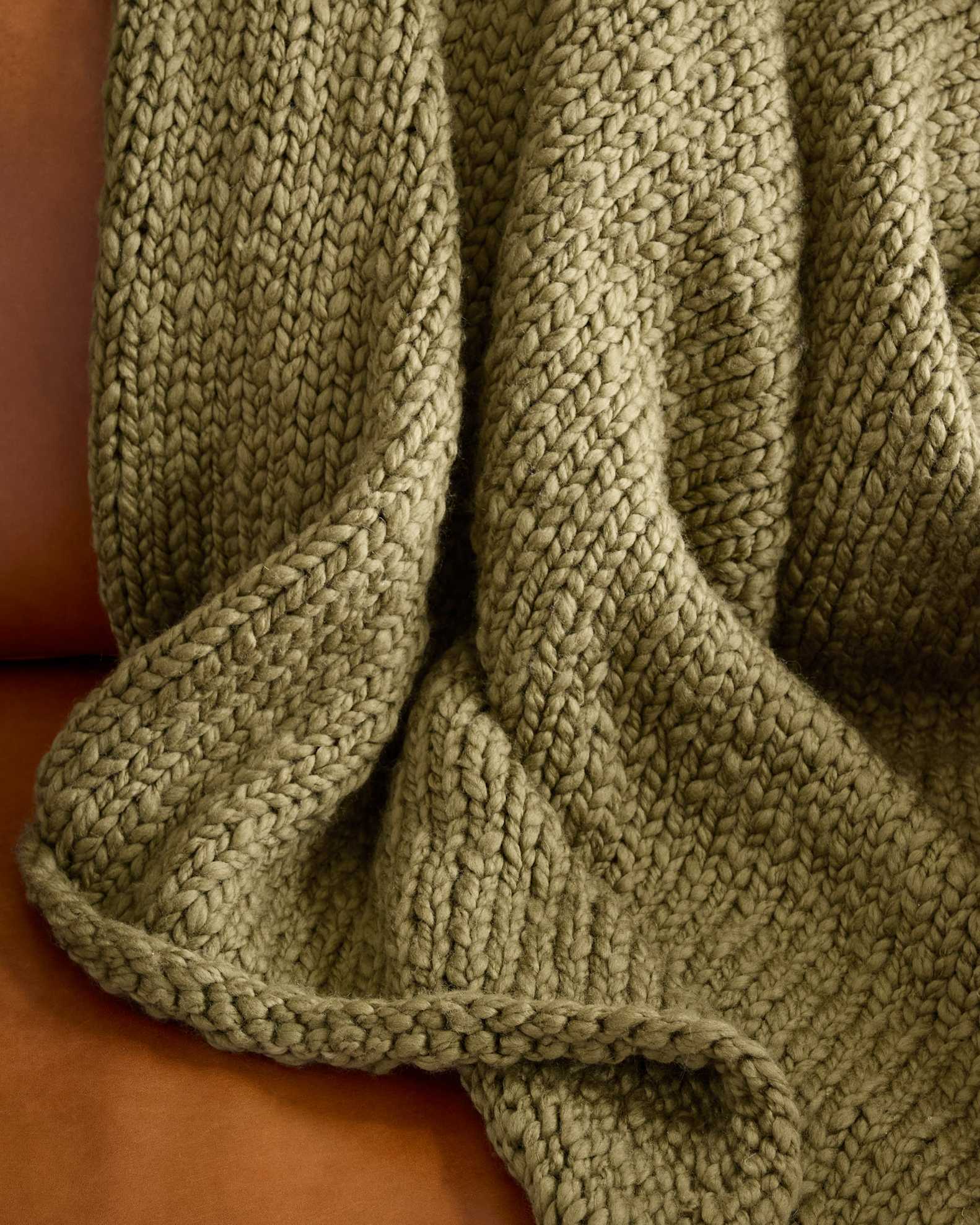 Chunky Hand Knit Wool Throw in Olive - Main Image