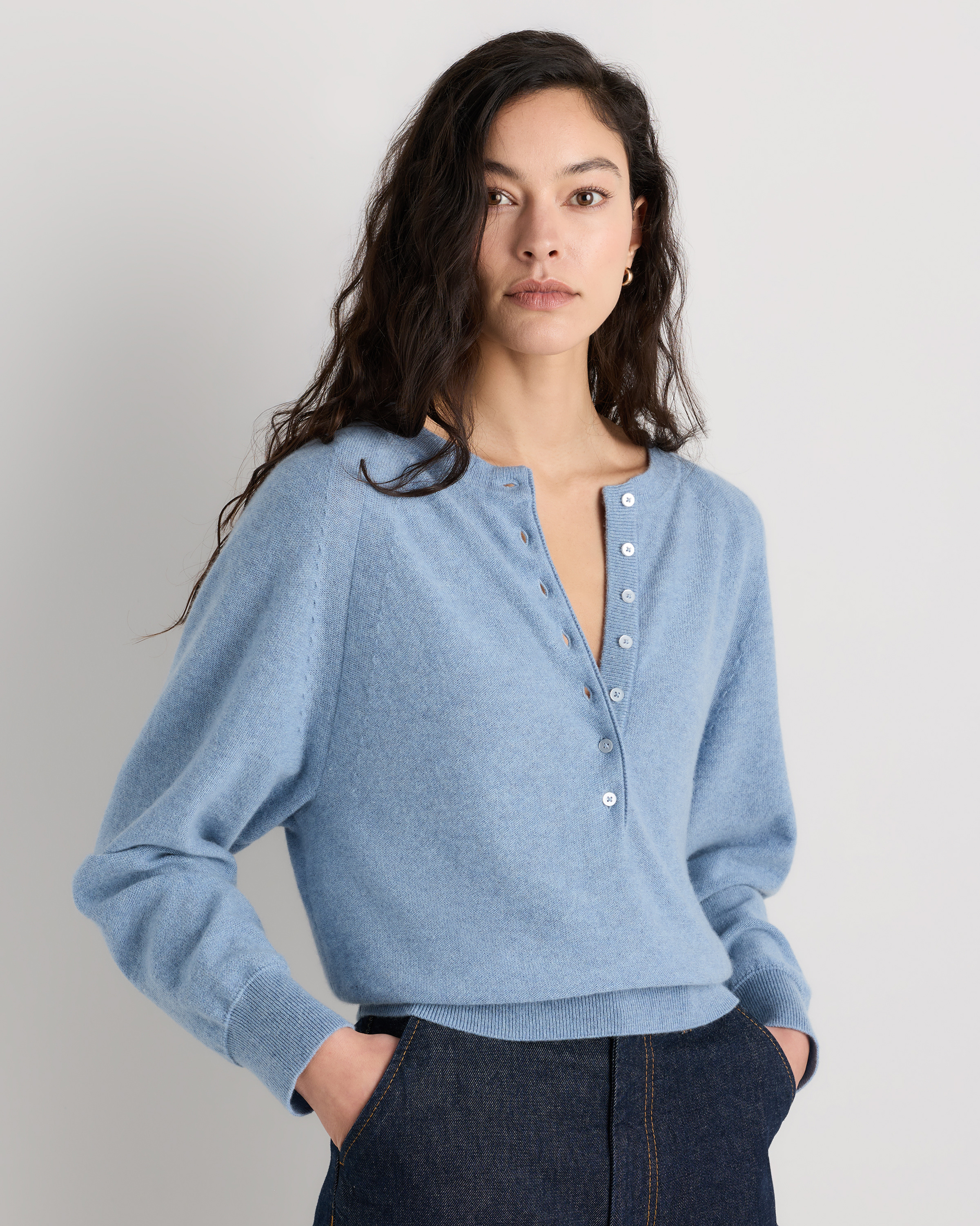 Faded Denim Mongolian Cashmere Dolman Sleeve Henley Sweater