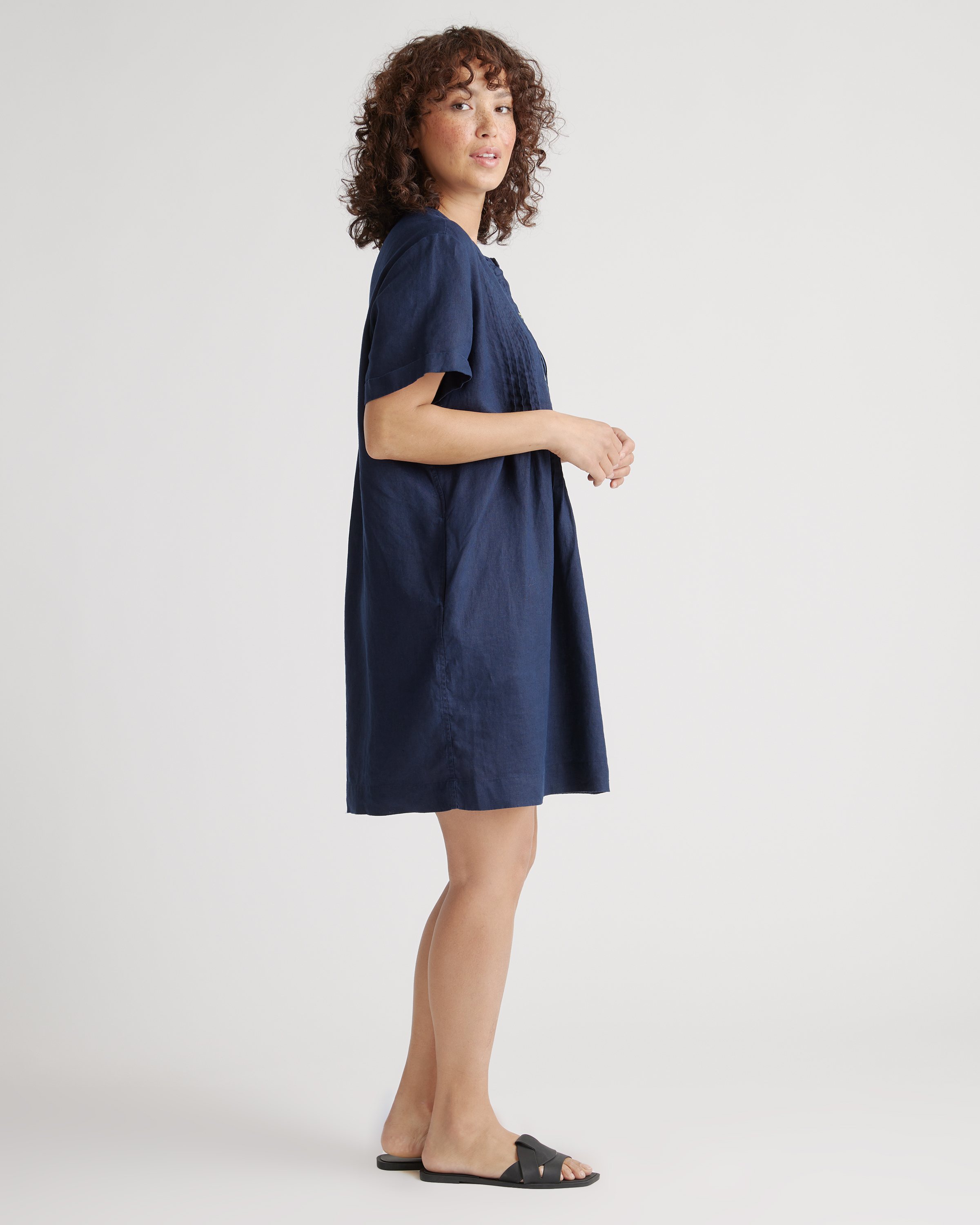 linen short sleeve dress Porridge Short-Sleeve Crew-Neck Printed Mini With short cap 100% European Linen Short Sleeve